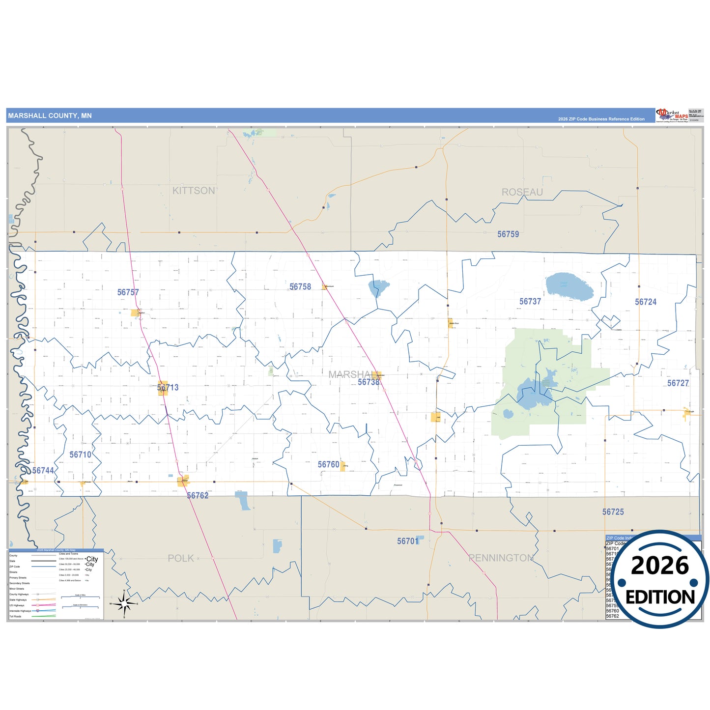 Marshall County, MN Business Reference map with detailed roads, cities, and ZIP code boundaries.