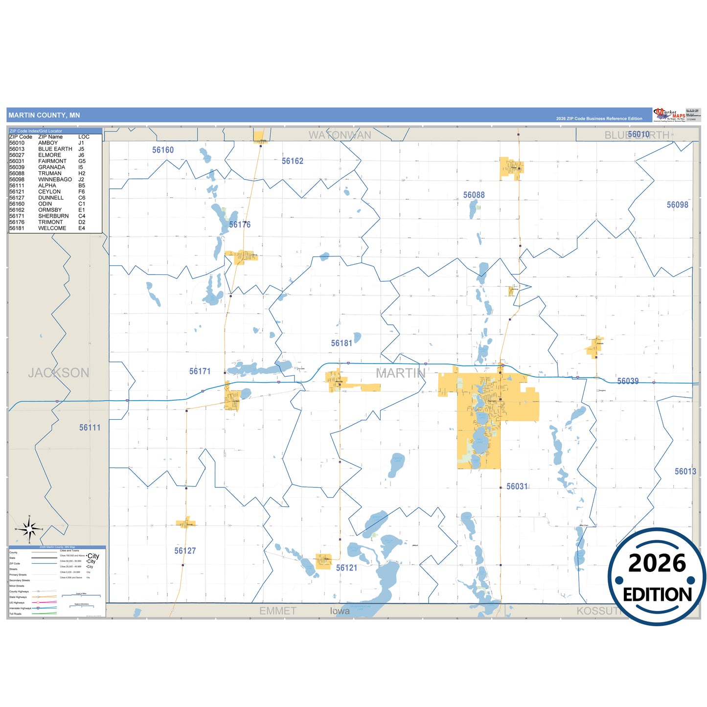 Martin County, MN Business Reference 5 Digit ZIP Code Wall Map