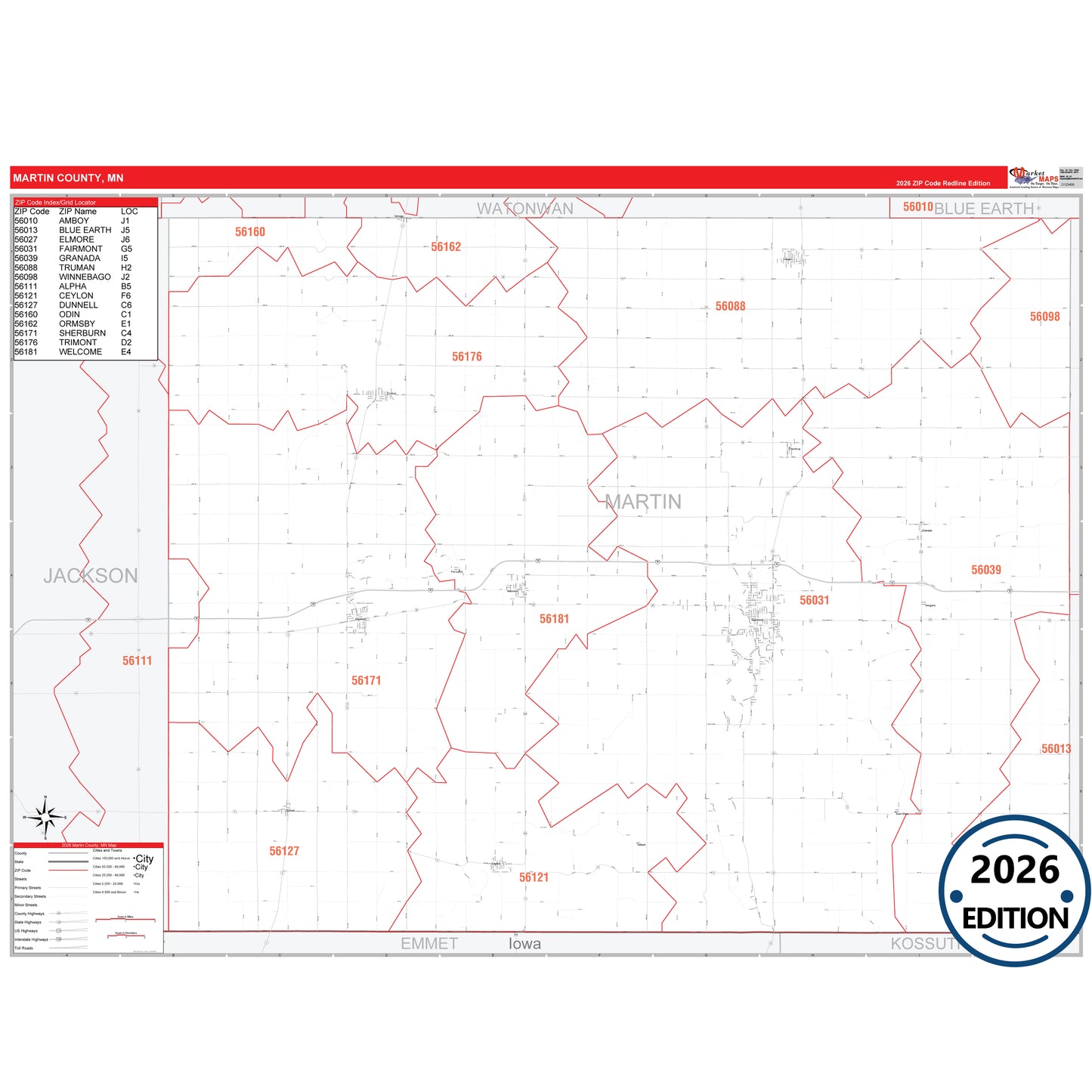 Martin County, MN Red Line map with detailed roads, cities, and ZIP code boundaries.
