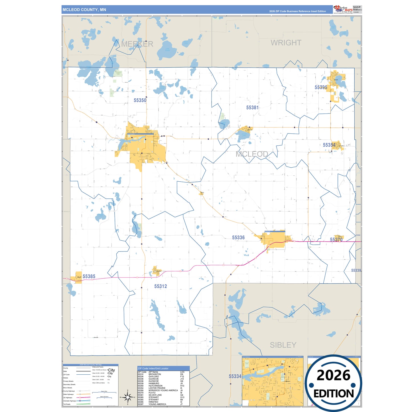 McLeod County, MN Business Reference map with detailed roads, cities, and ZIP code boundaries.