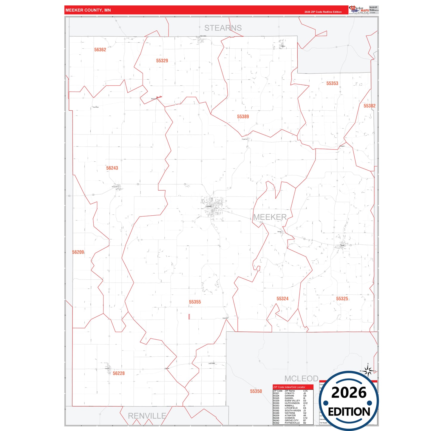 Meeker County, MN Red Line map with detailed roads, cities, and ZIP code boundaries.