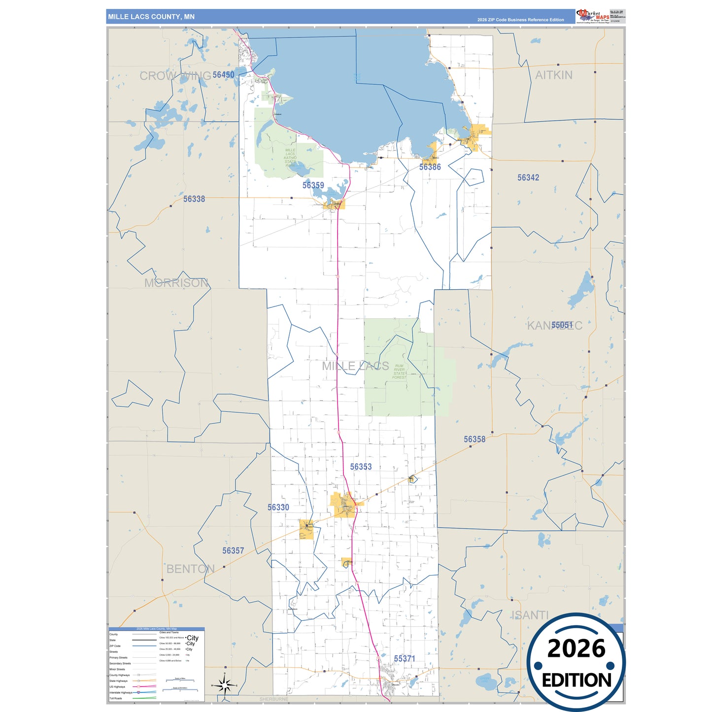 Mille Lacs County, MN Business Reference 5 Digit ZIP Code Wall Map