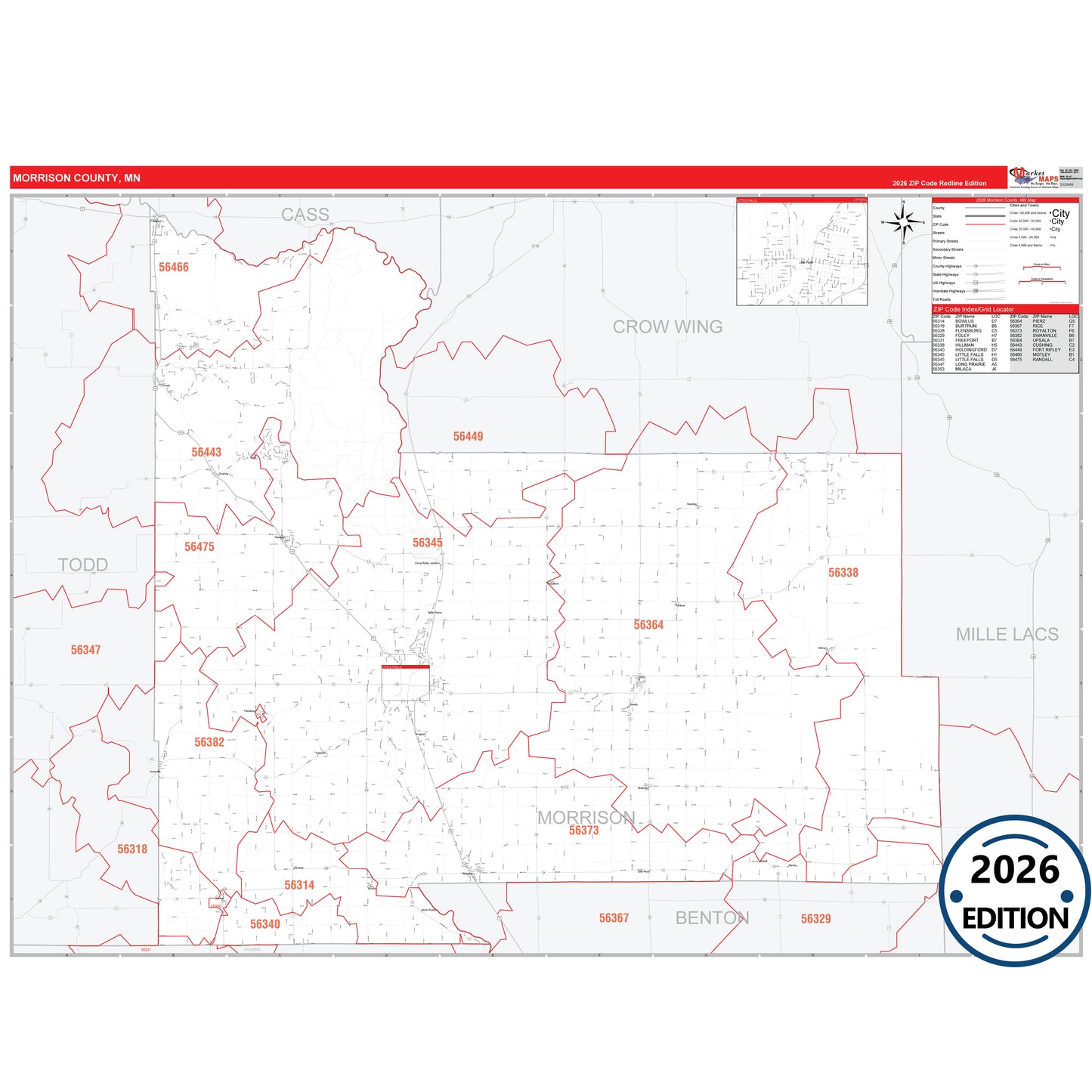 Morrison County, MN Red Line map with detailed roads, cities, and ZIP code boundaries.