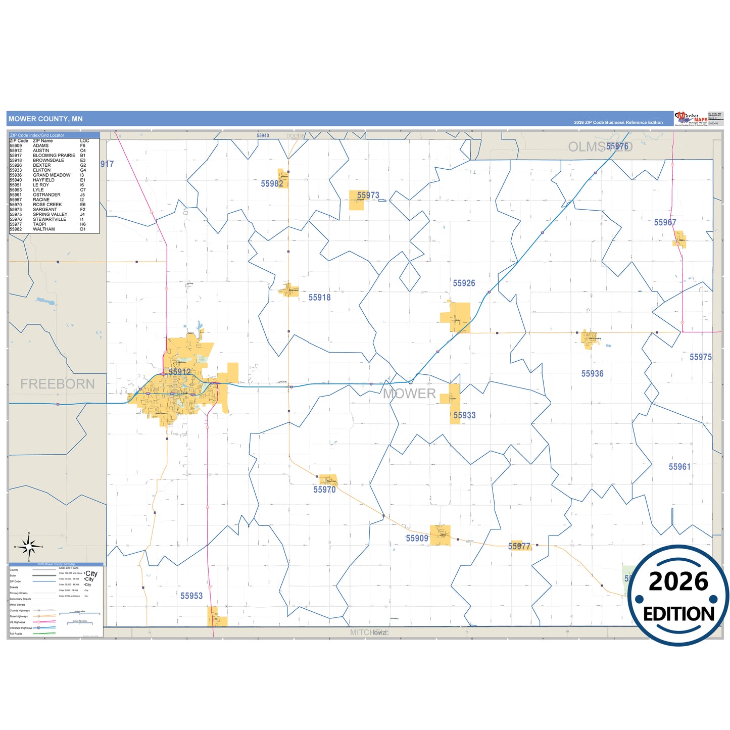 Mower County, MN Business Reference map with detailed roads, cities, and ZIP code boundaries.