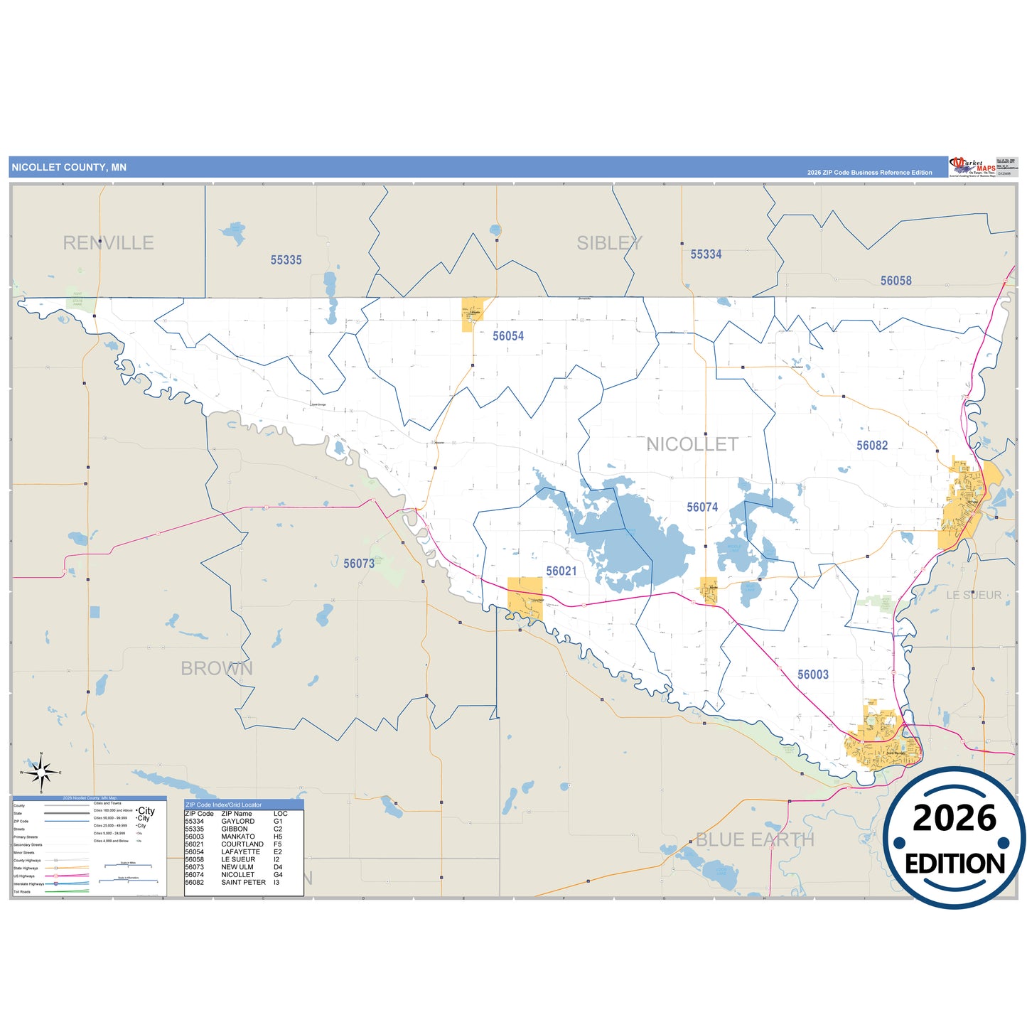 Nicollet County, MN Business Reference map with detailed roads, cities, and ZIP code boundaries.