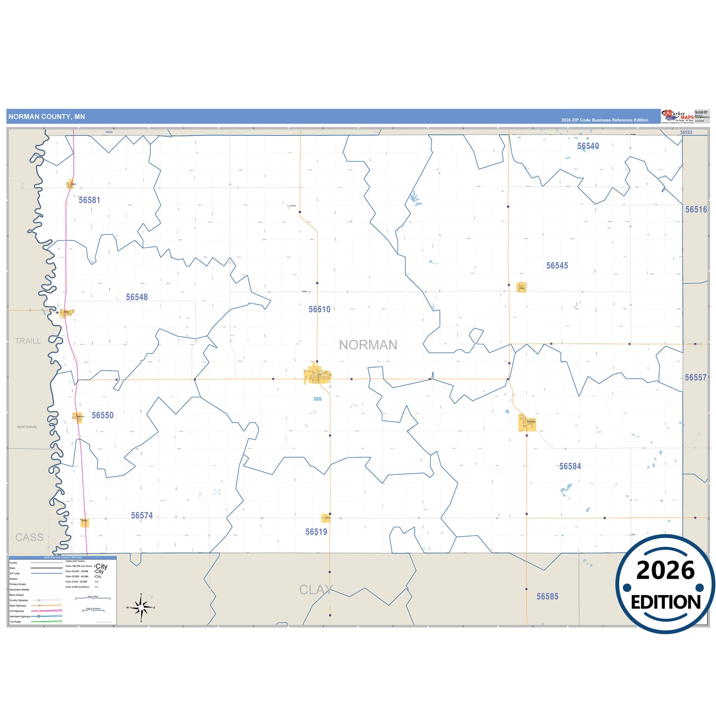 Norman County, MN Business Reference map with detailed roads, cities, and ZIP code boundaries.