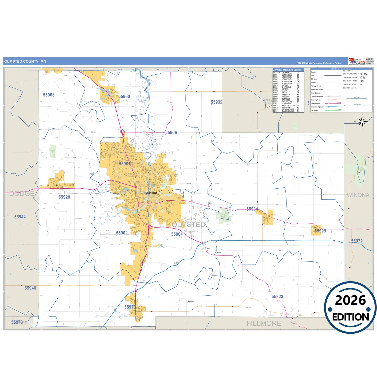 Olmsted County, MN Business Reference 5 Digit ZIP Code Wall Map
