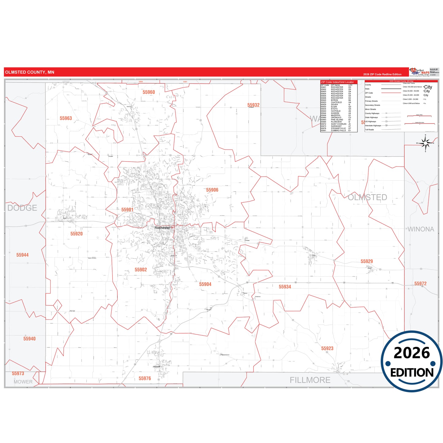 Olmsted County, MN Red Line 5 Digit ZIP Code Wall Map