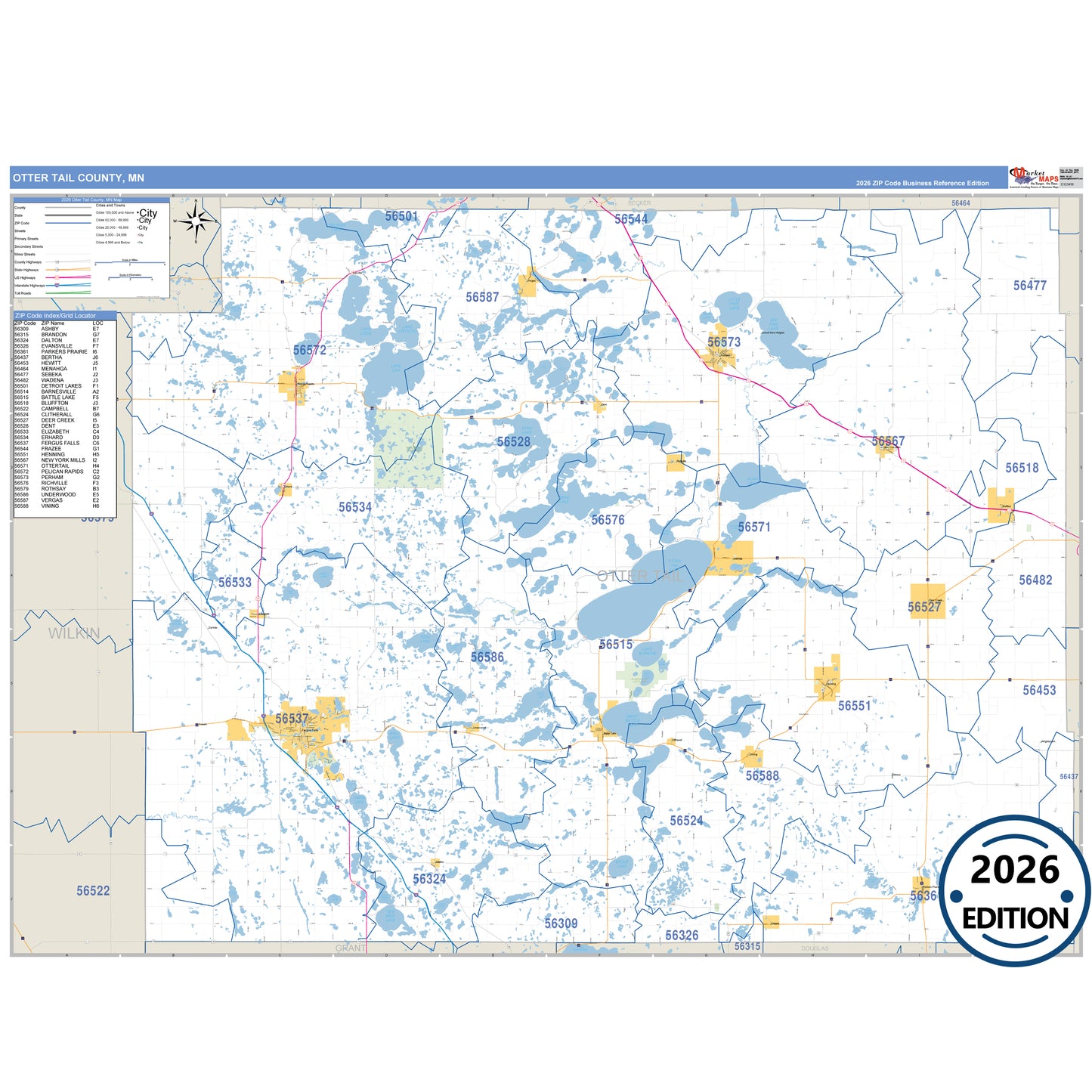 Otter Tail County, MN Business Reference 5 Digit ZIP Code Wall Map