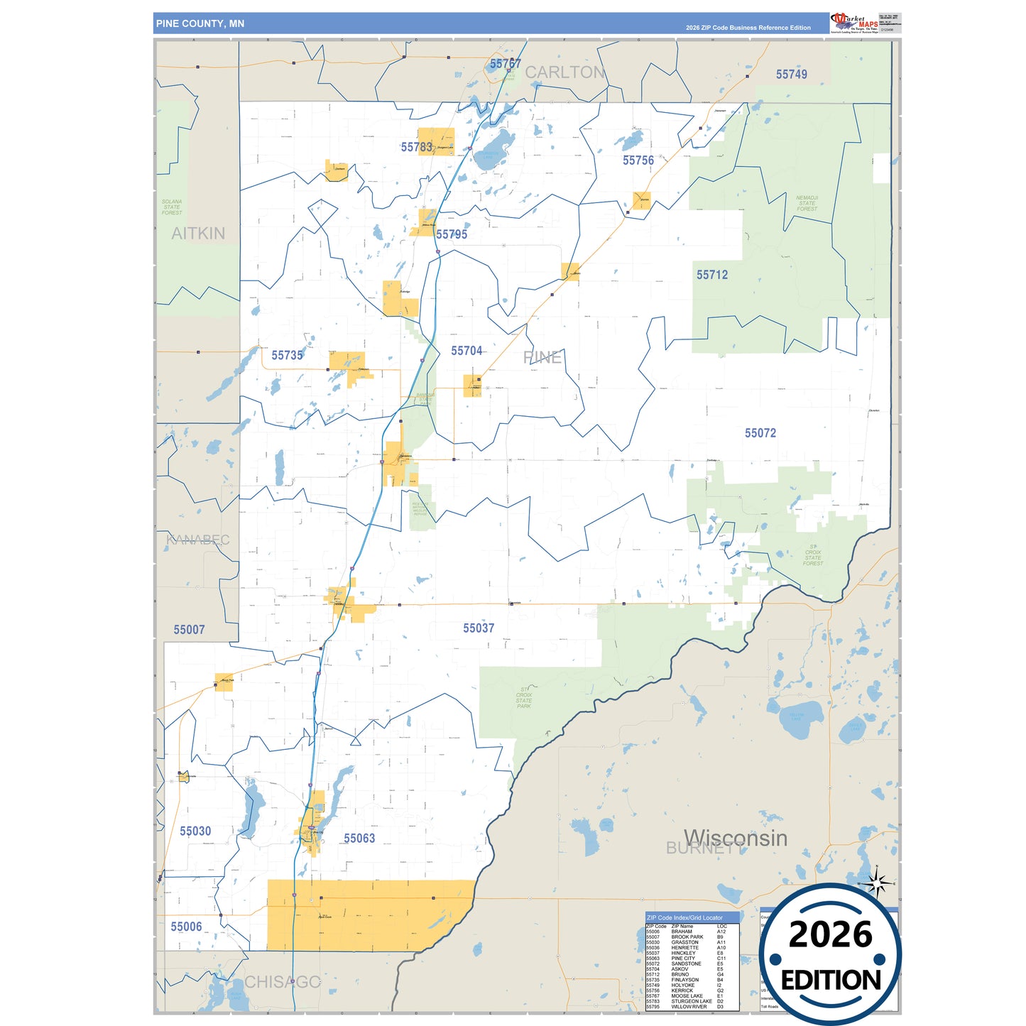 Pine County, MN Business Reference 5 Digit ZIP Code Wall Map