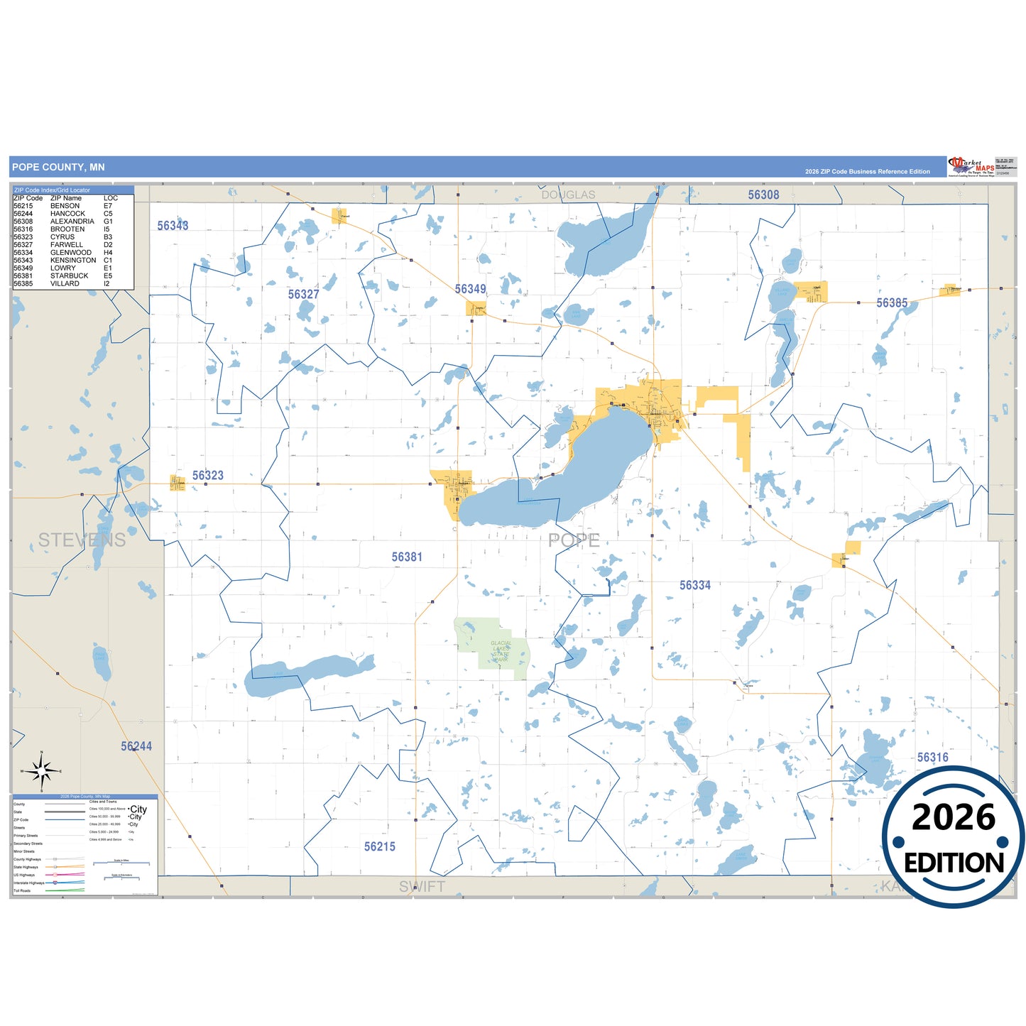 Pope County, MN Business Reference 5 Digit ZIP Code Wall Map