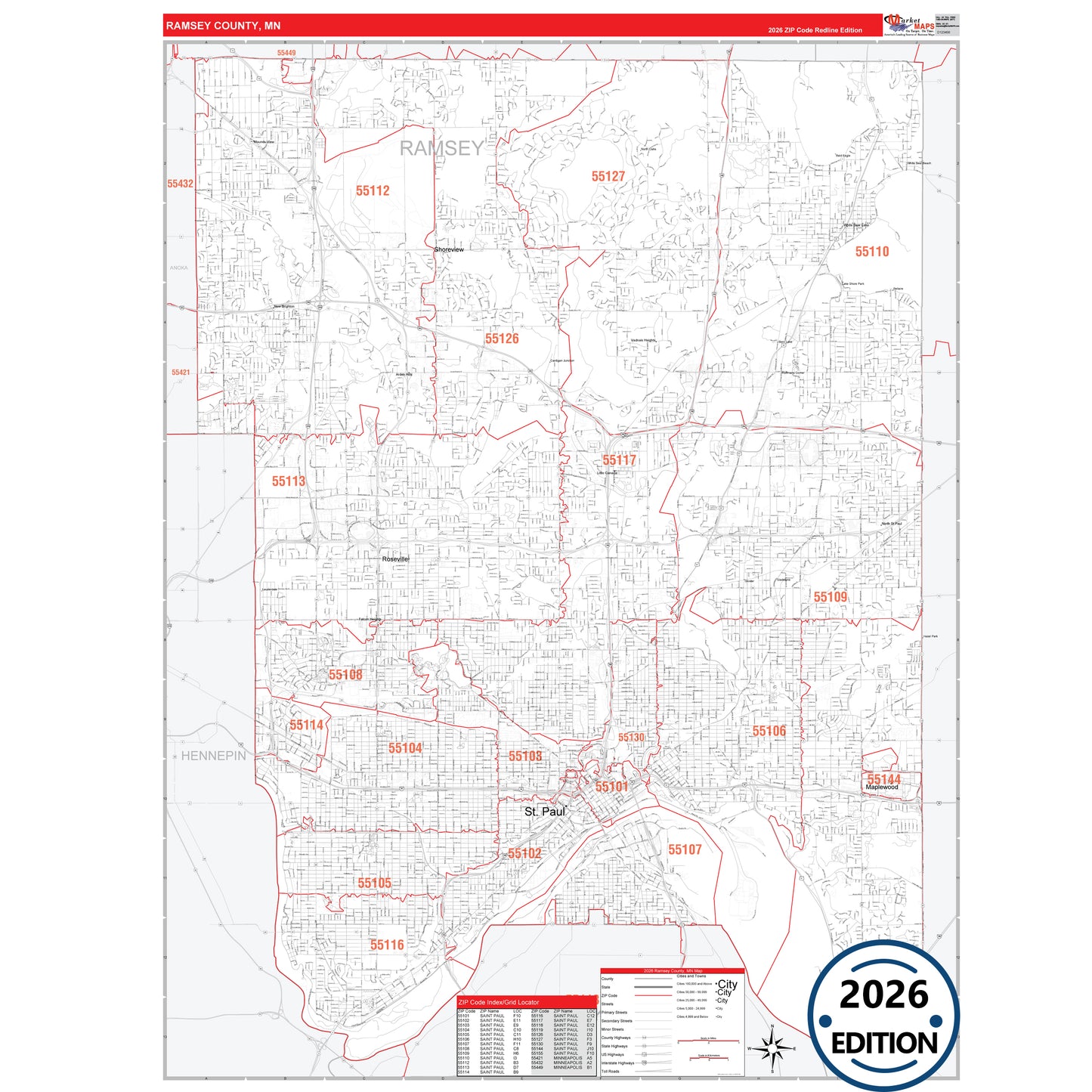 Ramsey County, MN Red Line map with detailed roads, cities, and ZIP code boundaries.