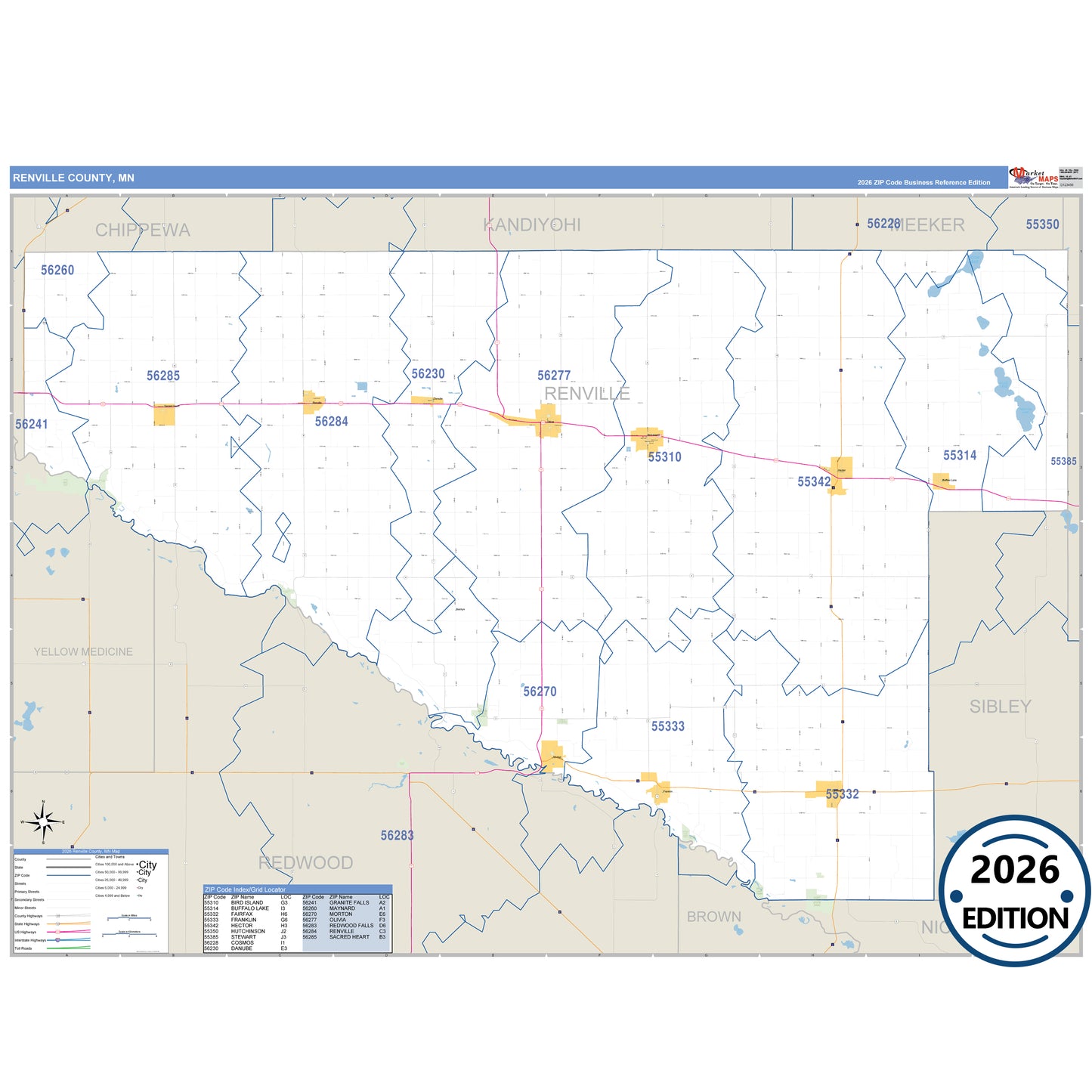 Renville County, MN Business Reference 5 Digit ZIP Code Wall Map
