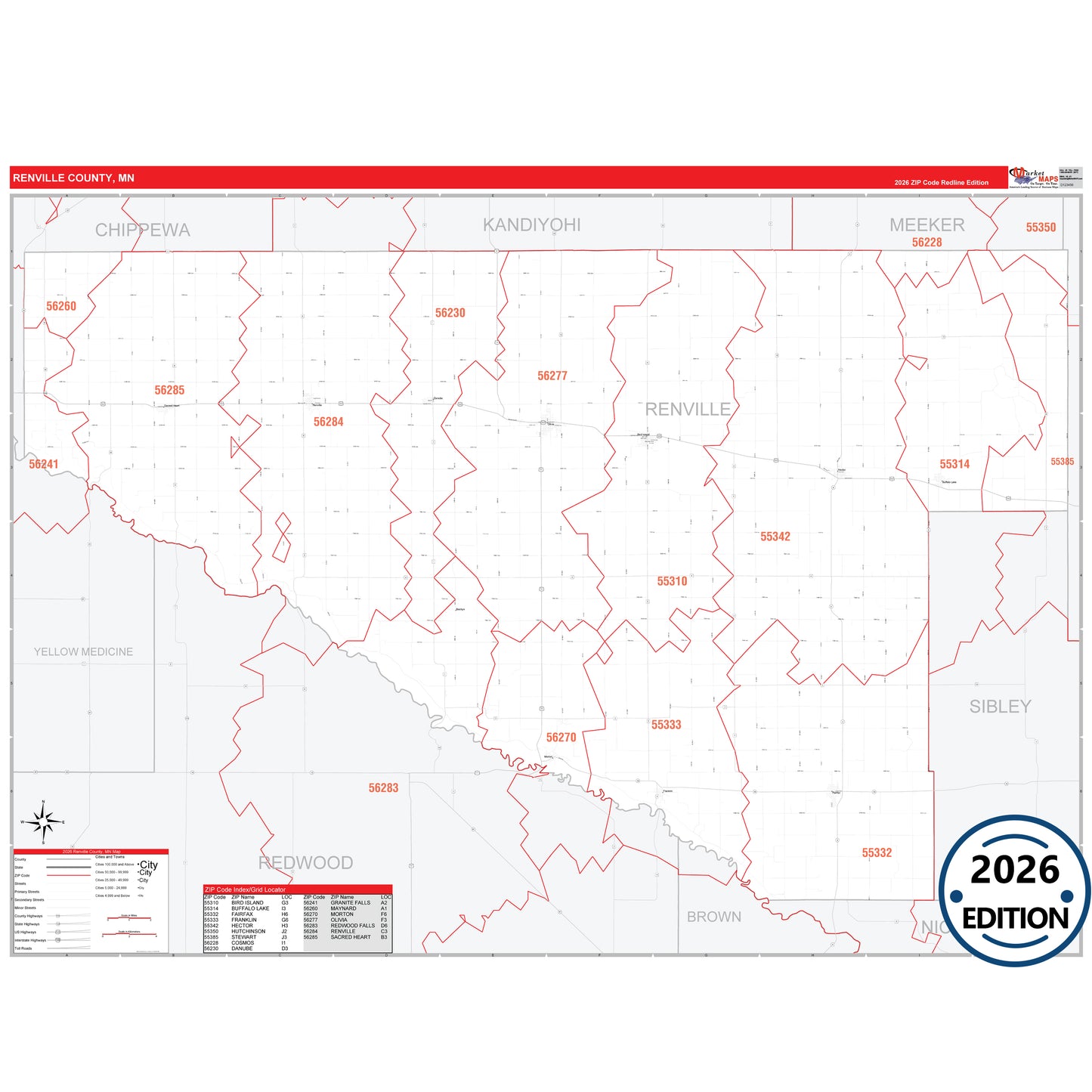 Renville County, MN Red Line 5 Digit ZIP Code Wall Map