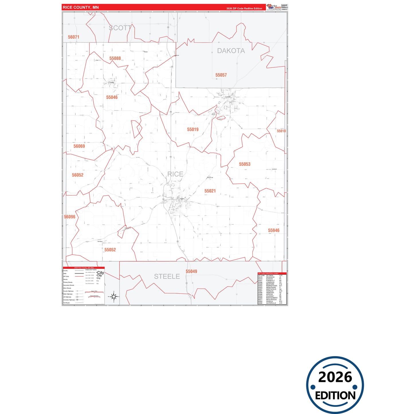 Rice County, MN Red Line 5 Digit ZIP Code Wall Map