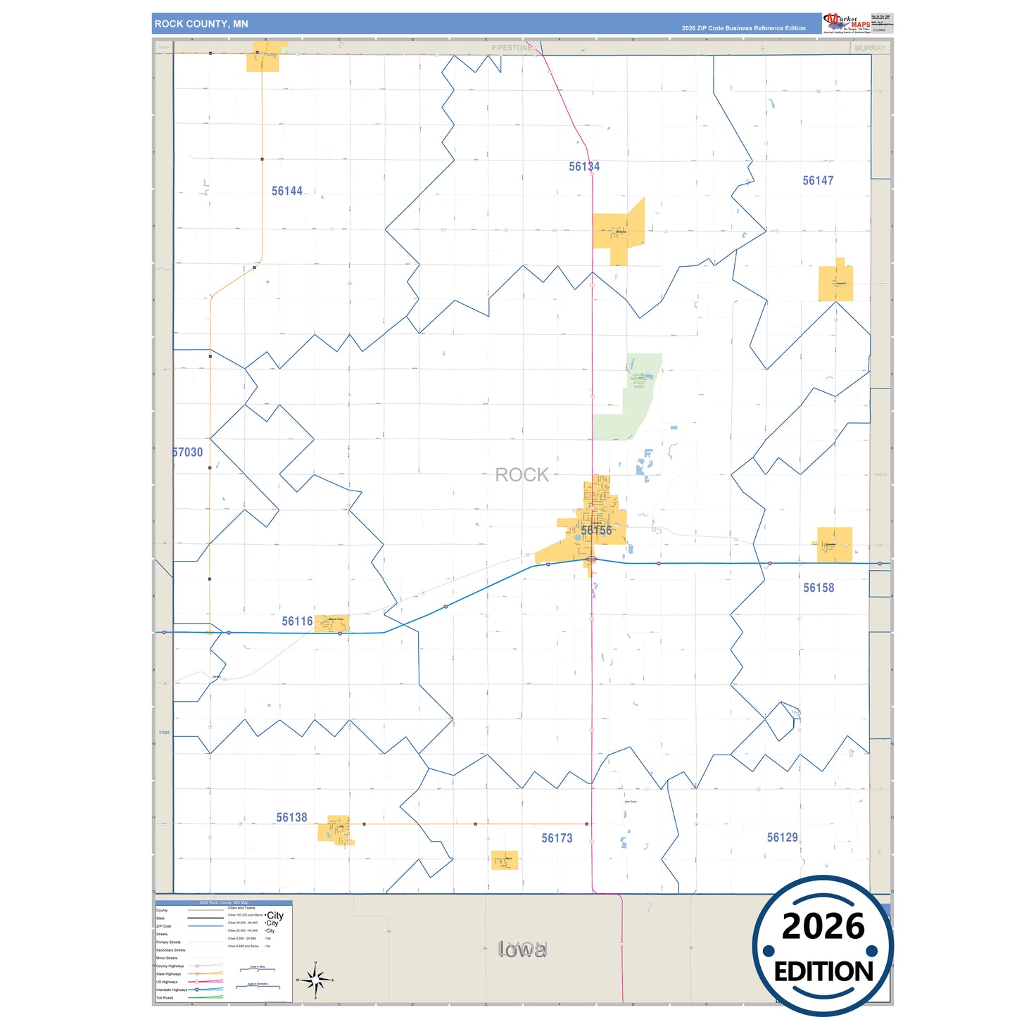 Rock County, MN Business Reference 5 Digit ZIP Code Wall Map