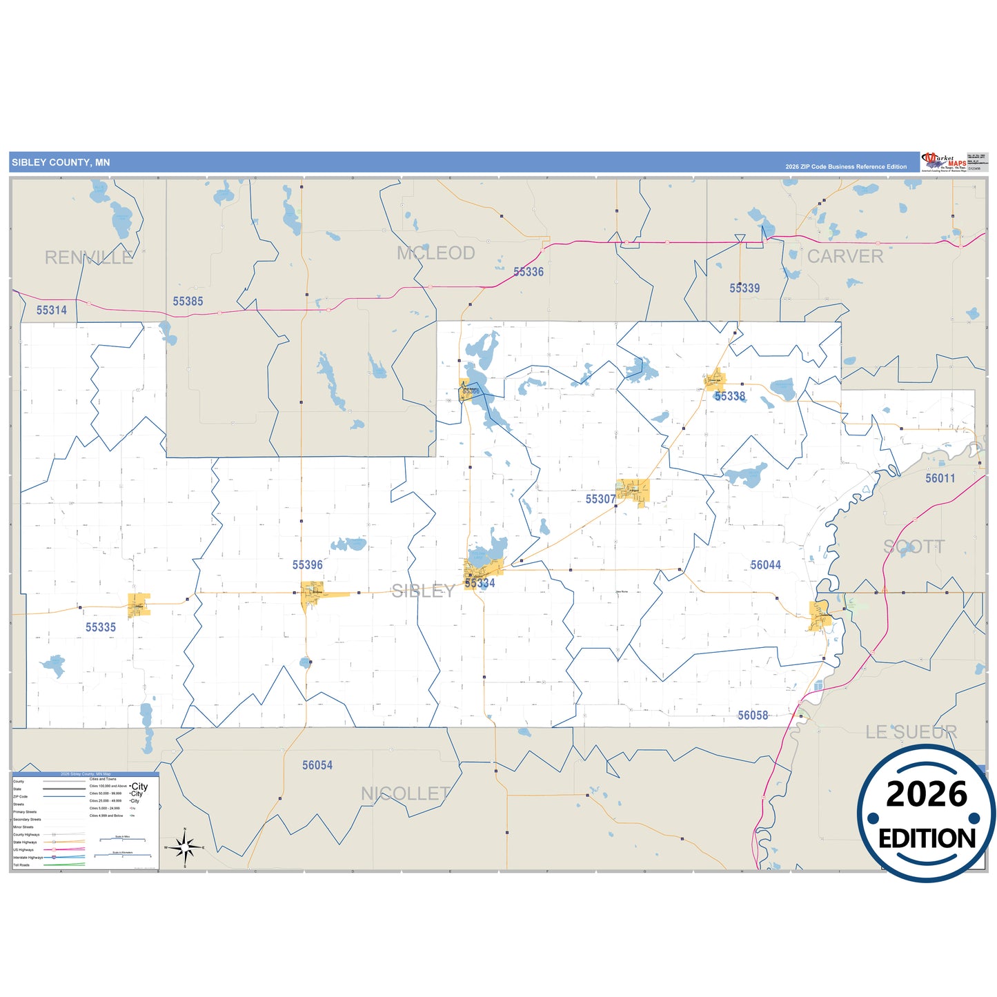 Sibley County, MN Business Reference 5 Digit ZIP Code Wall Map