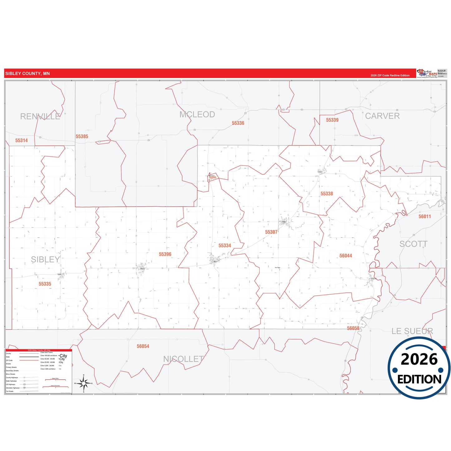 Sibley County, MN Red Line 5 Digit ZIP Code Wall Map