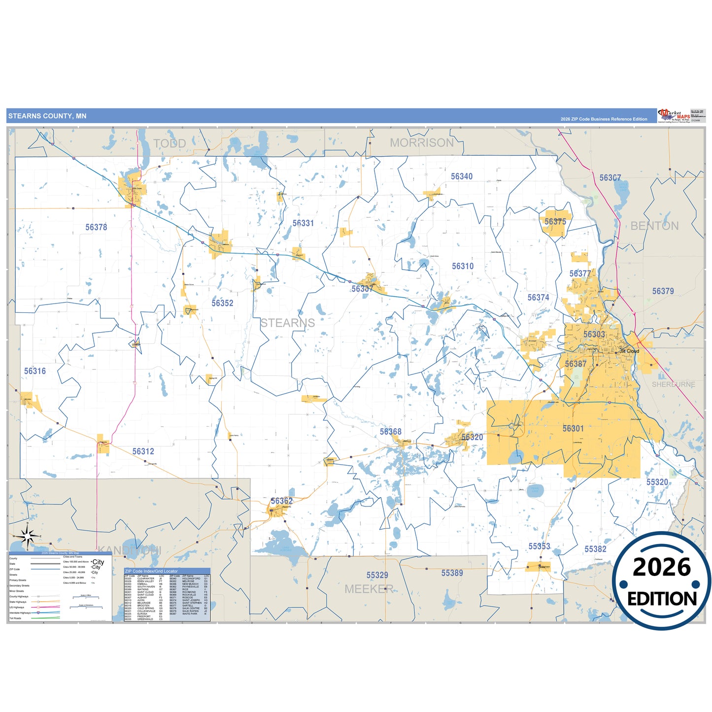Stearns County, MN Business Reference map with detailed roads, cities, and ZIP code boundaries.