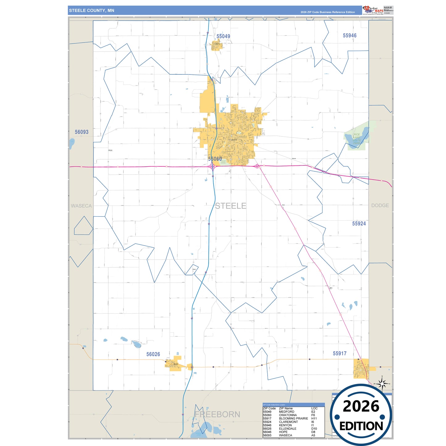 Steele County, MN Business Reference map with detailed roads, cities, and ZIP code boundaries.