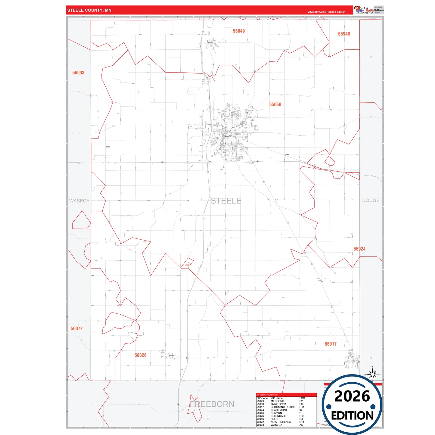 Steele County, MN Red Line 5 Digit ZIP Code Wall Map