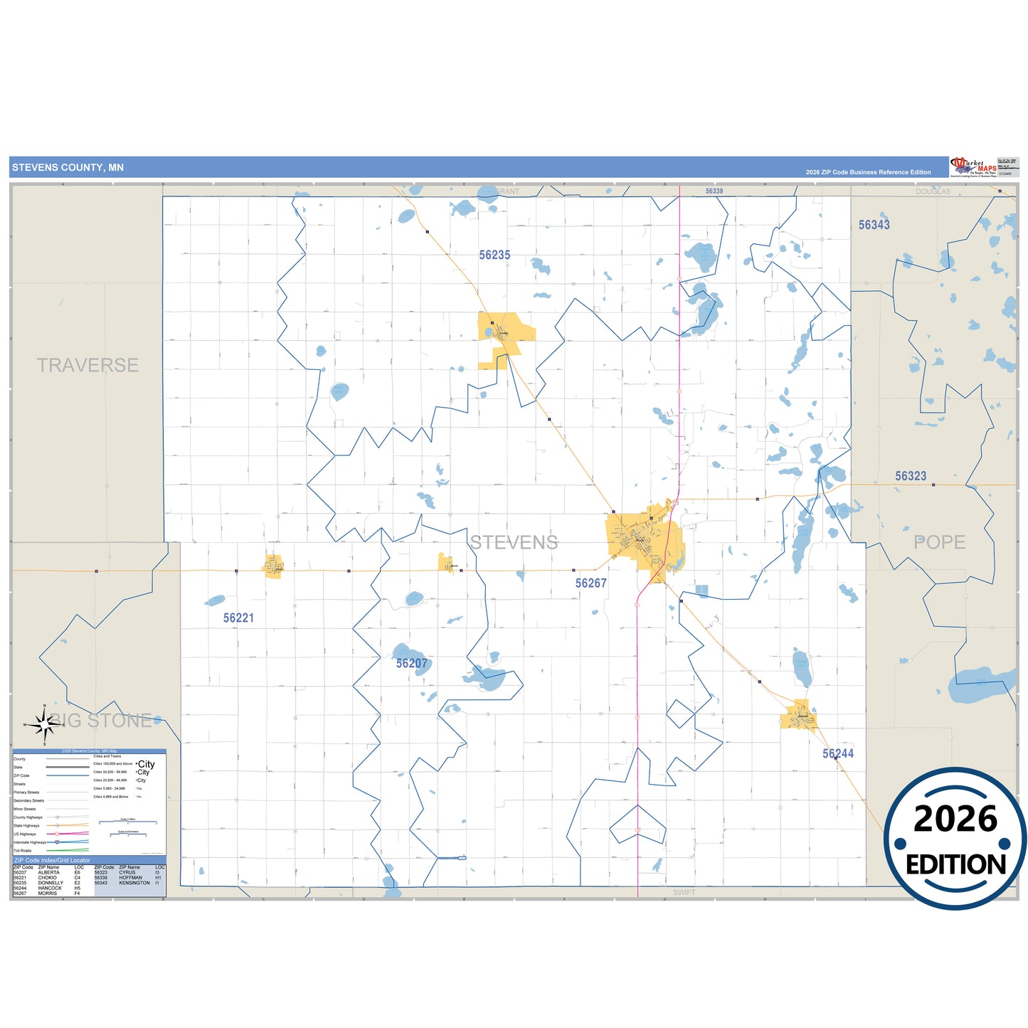Stevens County, MN Business Reference map with detailed roads, cities, and ZIP code boundaries.