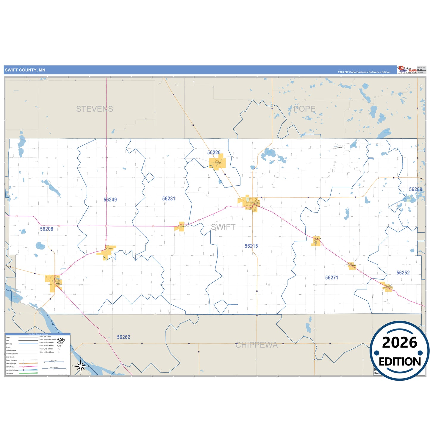Swift County, MN Business Reference map with detailed roads, cities, and ZIP code boundaries.