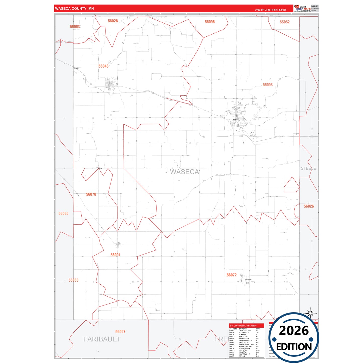 Waseca County, MN Red Line map with detailed roads, cities, and ZIP code boundaries.