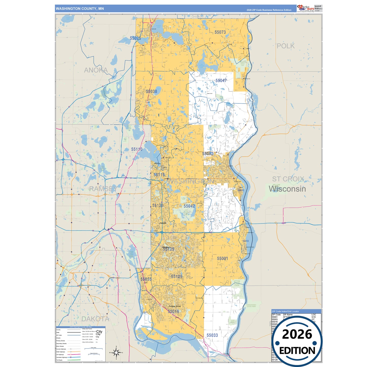 Washington County, MN Business Reference map with detailed roads, cities, and ZIP code boundaries.