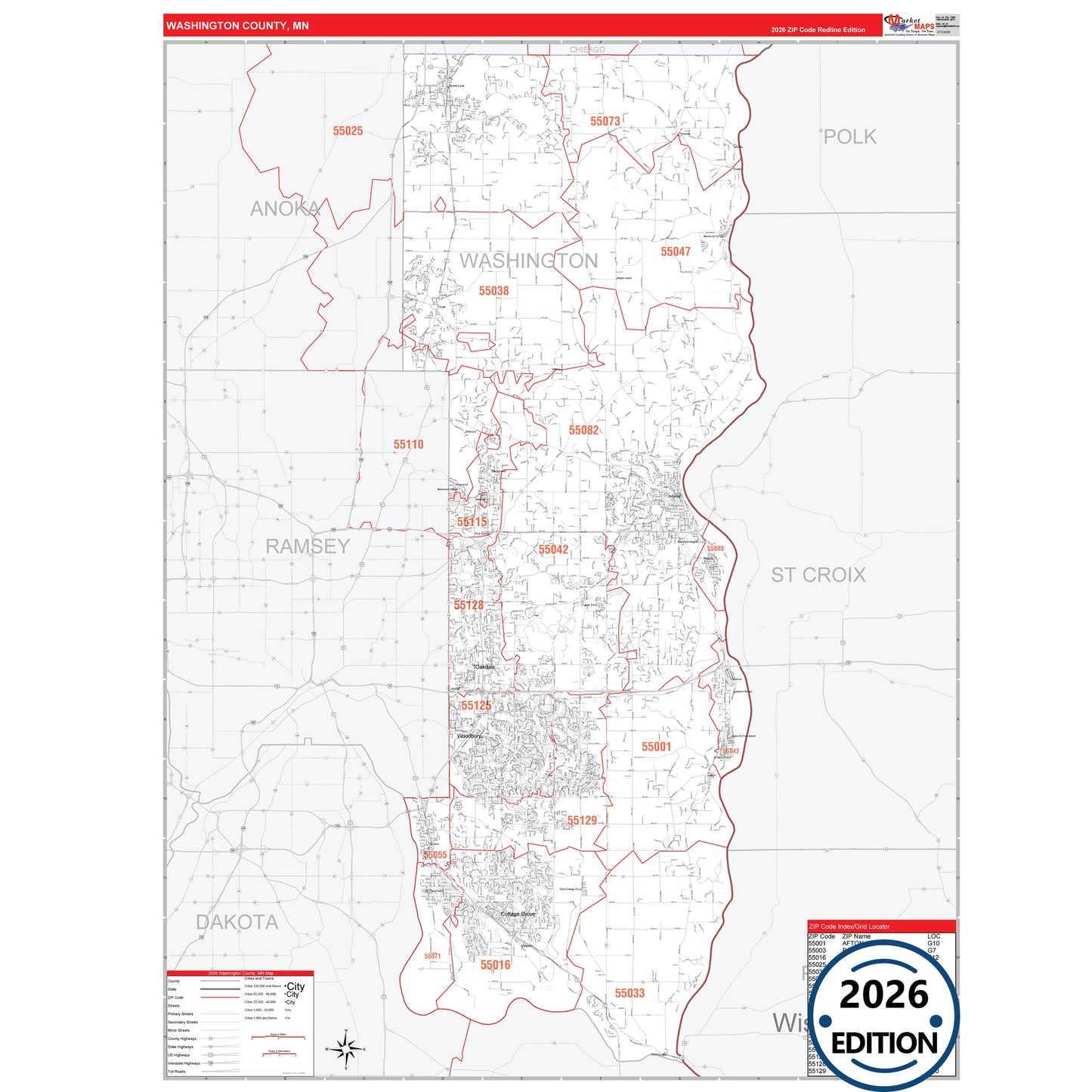 Washington County, MN Red Line 5 Digit ZIP Code Wall Map