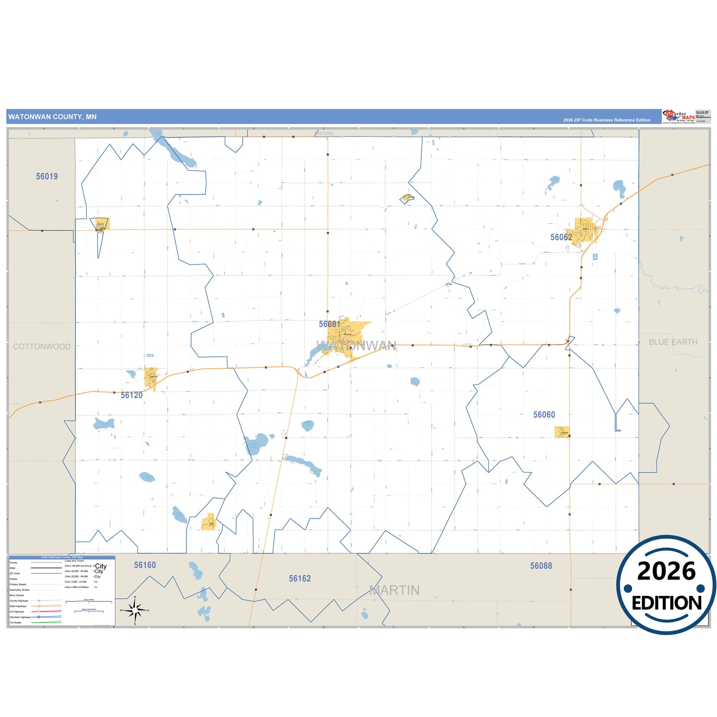 Watonwan County, MN Business Reference map with detailed roads, cities, and ZIP code boundaries.