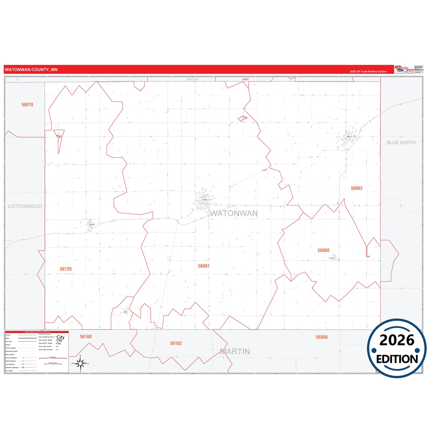 Watonwan County, MN Red Line map with detailed roads, cities, and ZIP code boundaries.