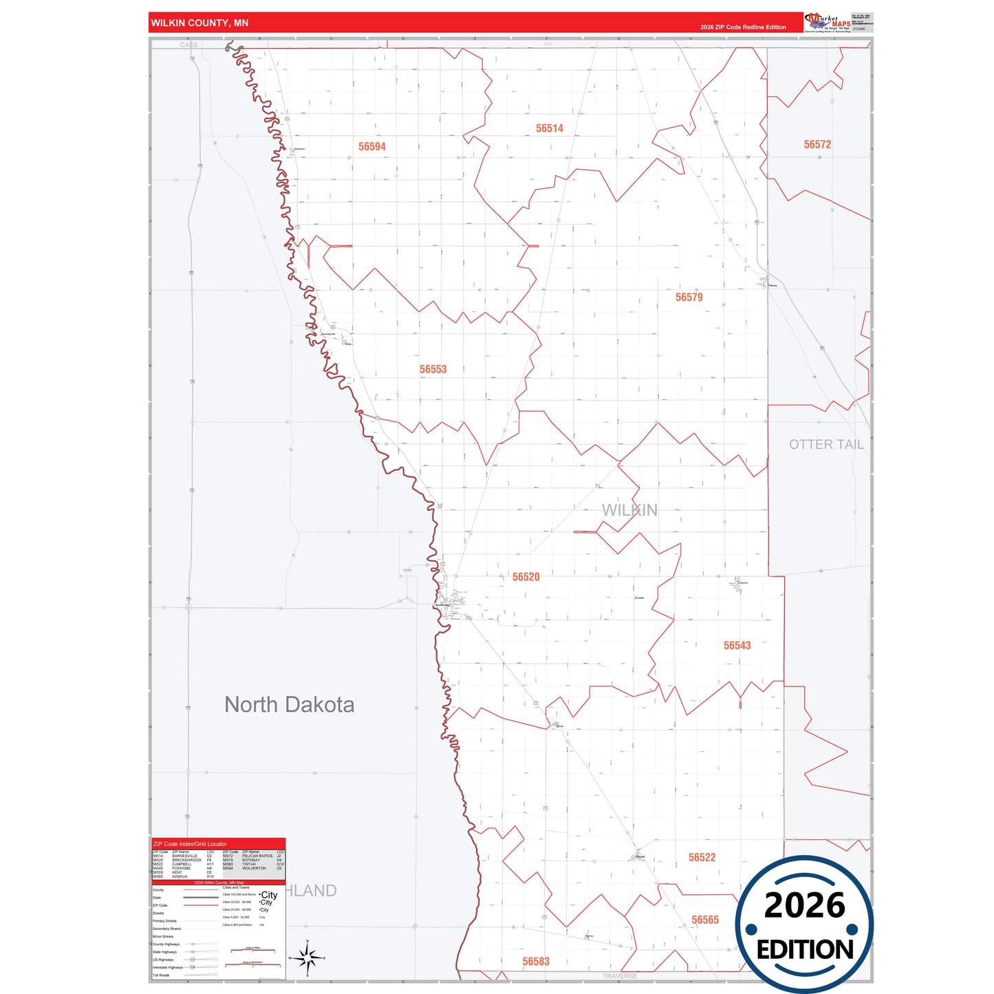 Wilkin County, MN Red Line 5 Digit ZIP Code Wall Map