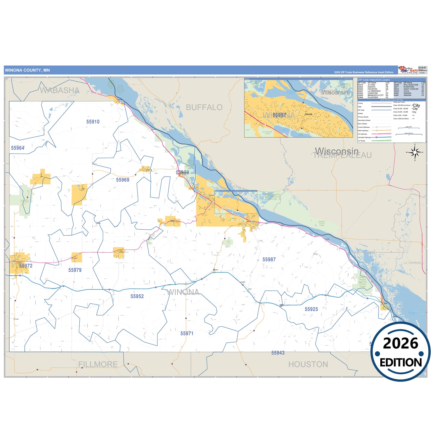 Winona County, MN Business Reference map with detailed roads, cities, and ZIP code boundaries.