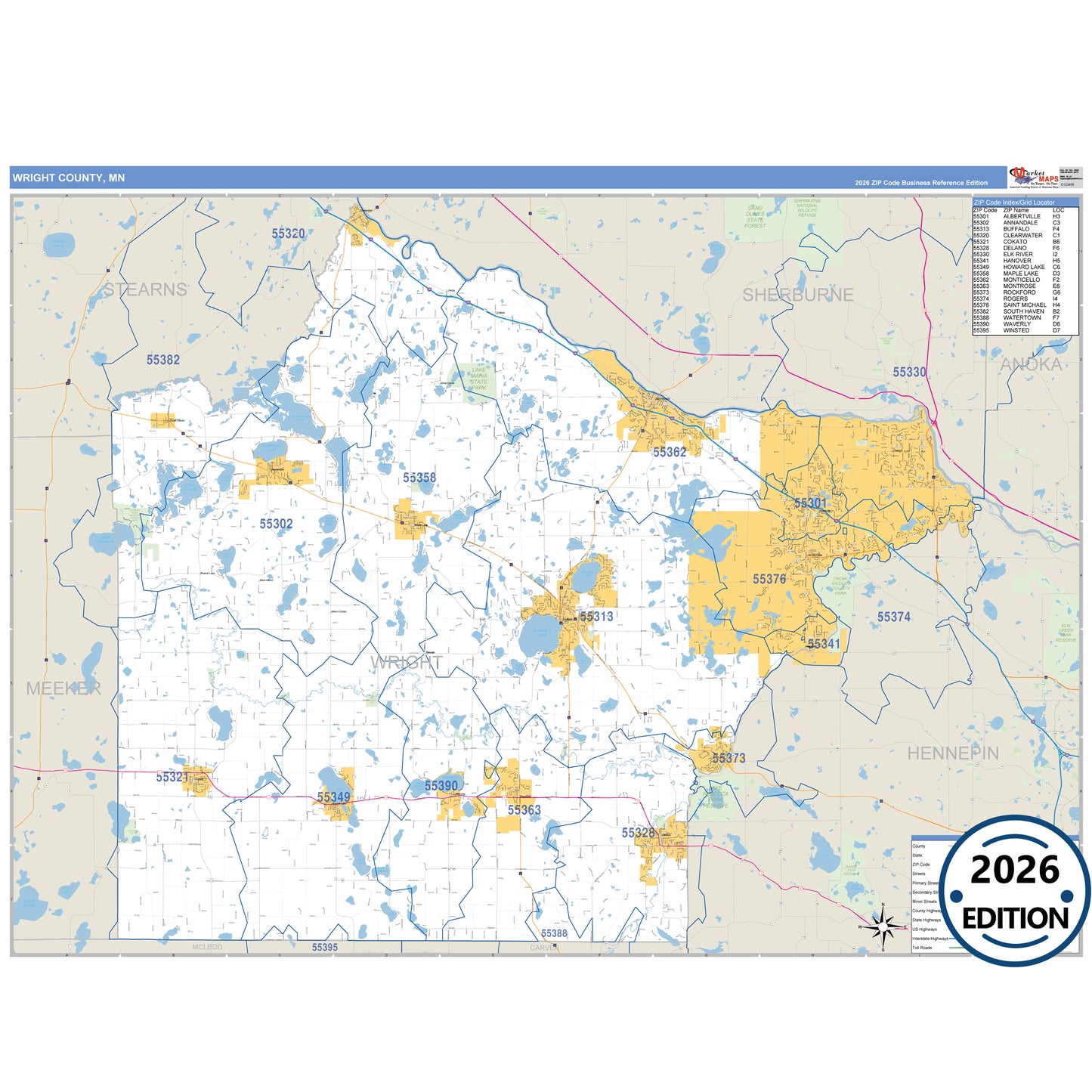 Wright County, MN Business Reference 5 Digit ZIP Code Wall Map