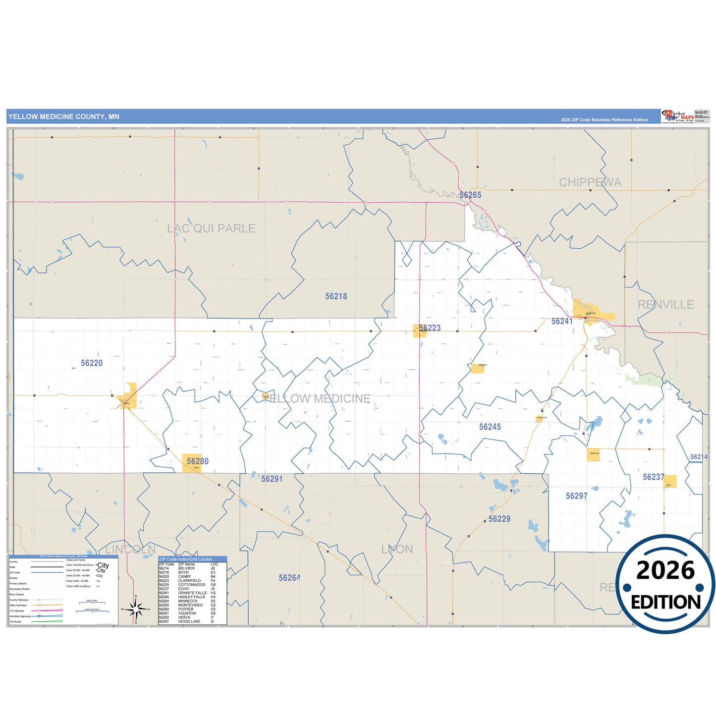 Yellow Medicine County, MN Business Reference 5 Digit ZIP Code Wall Map