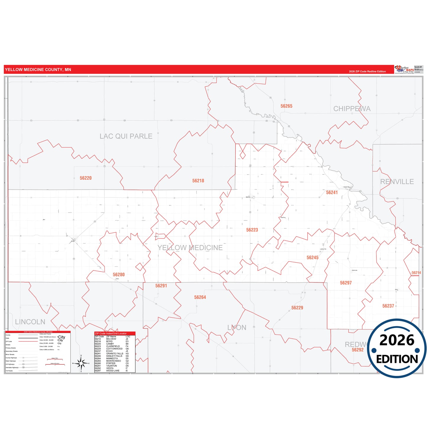 Yellow Medicine County, MN Red Line 5 Digit ZIP Code Wall Map