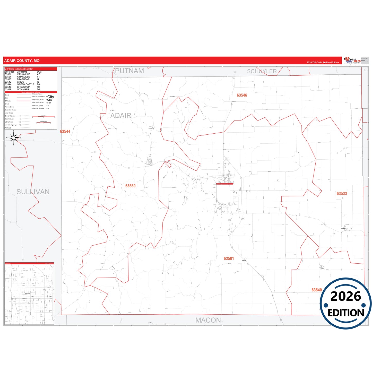 Adair County, MO Red Line 5 Digit ZIP Code Wall Map