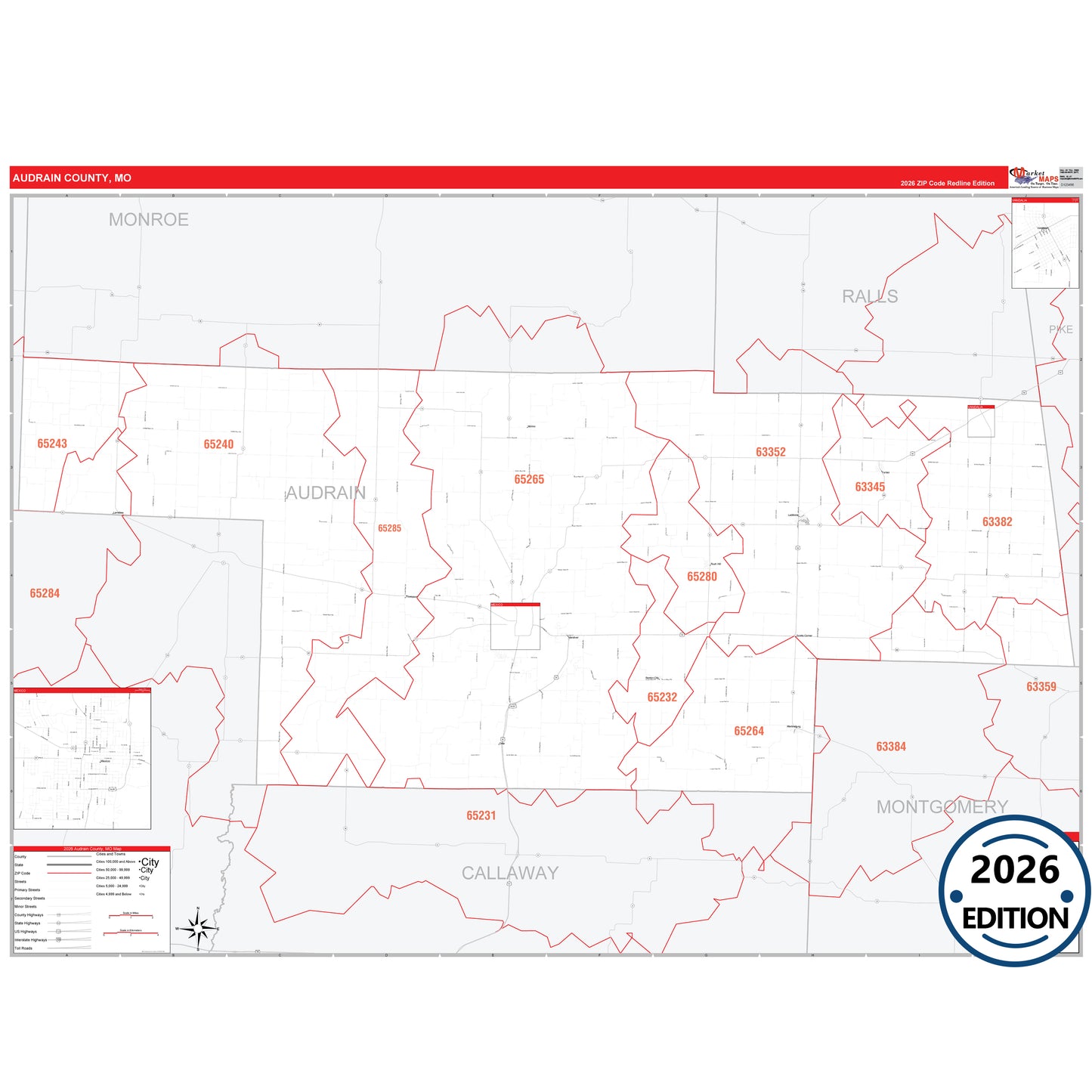 Audrain County, MO Red Line 5 Digit ZIP Code Wall Map