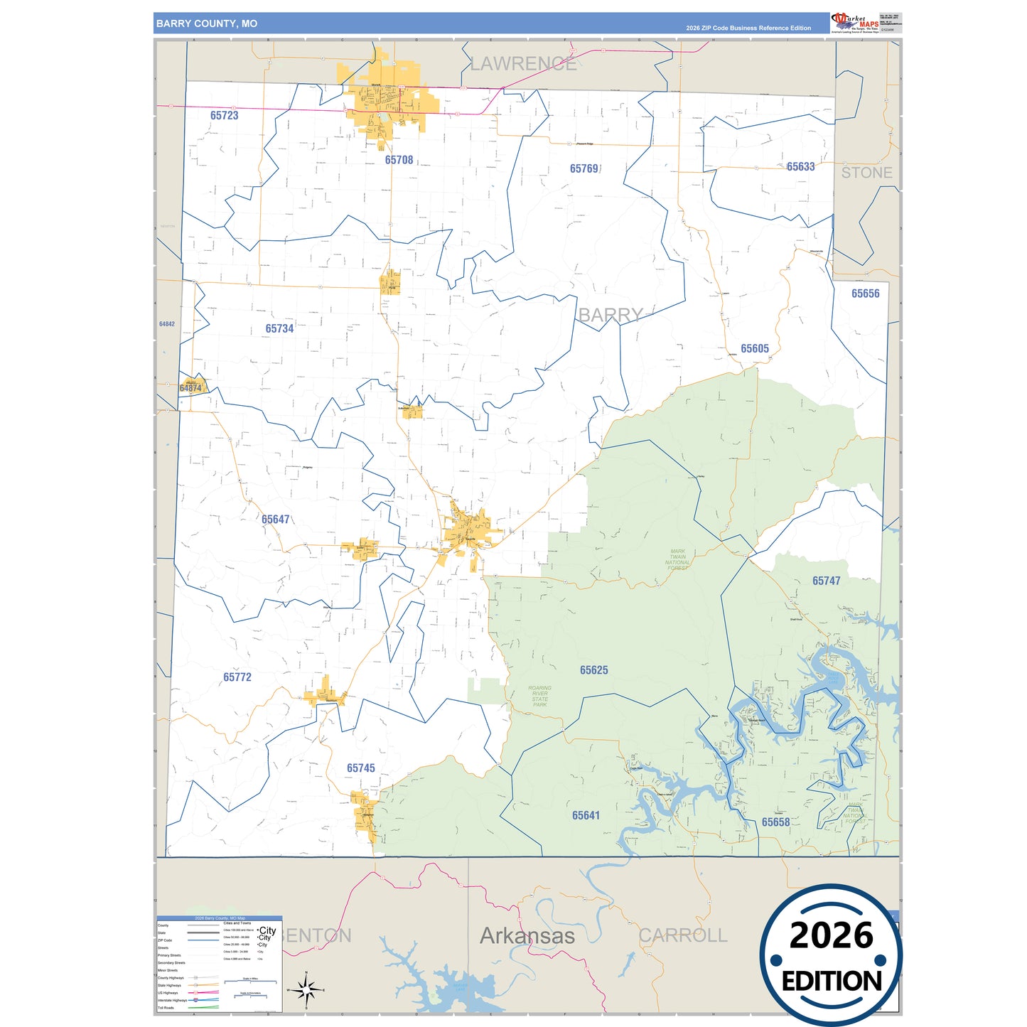 Barry County, MO Business Reference 5 Digit ZIP Code Wall Map