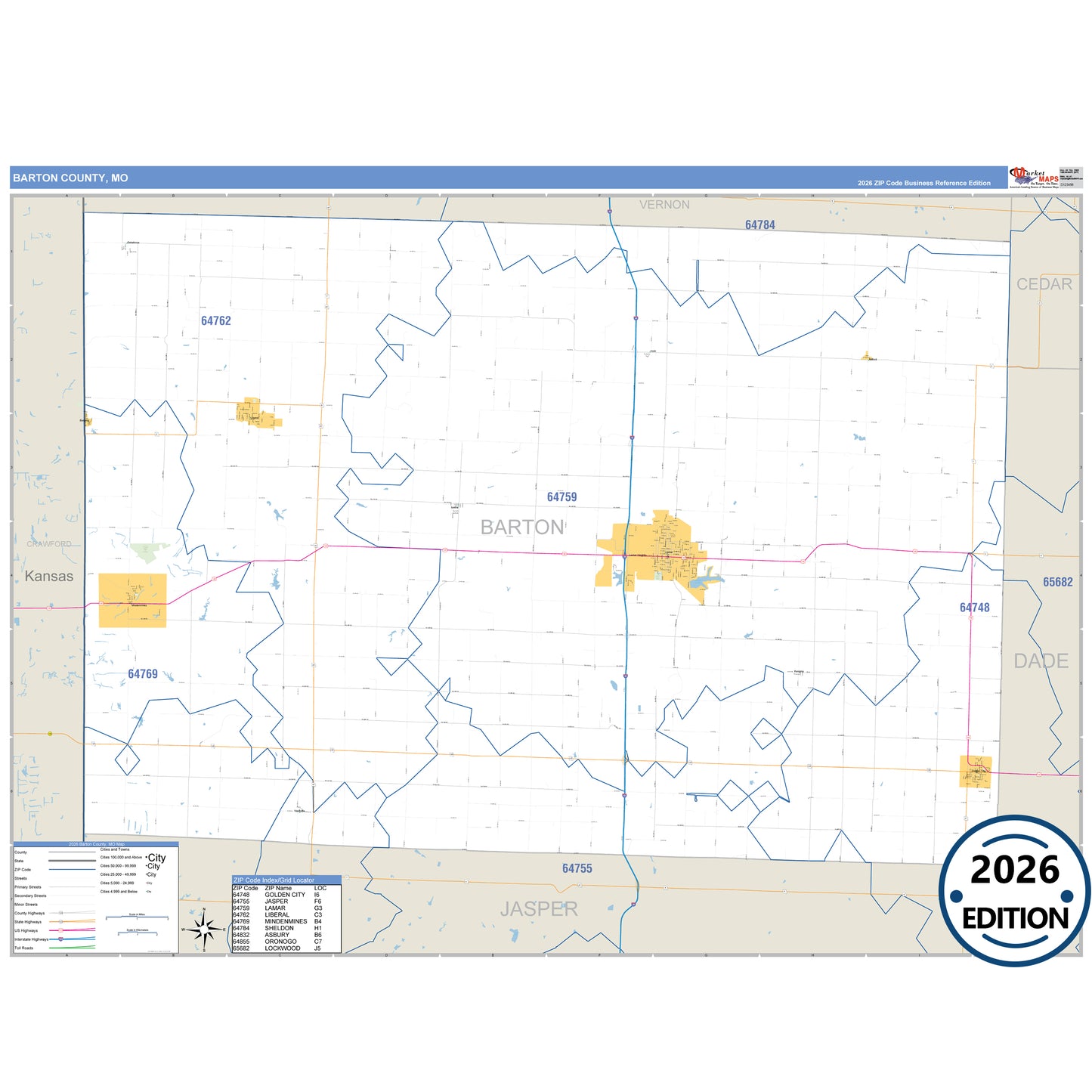 Barton County, MO Business Reference 5 Digit ZIP Code Wall Map