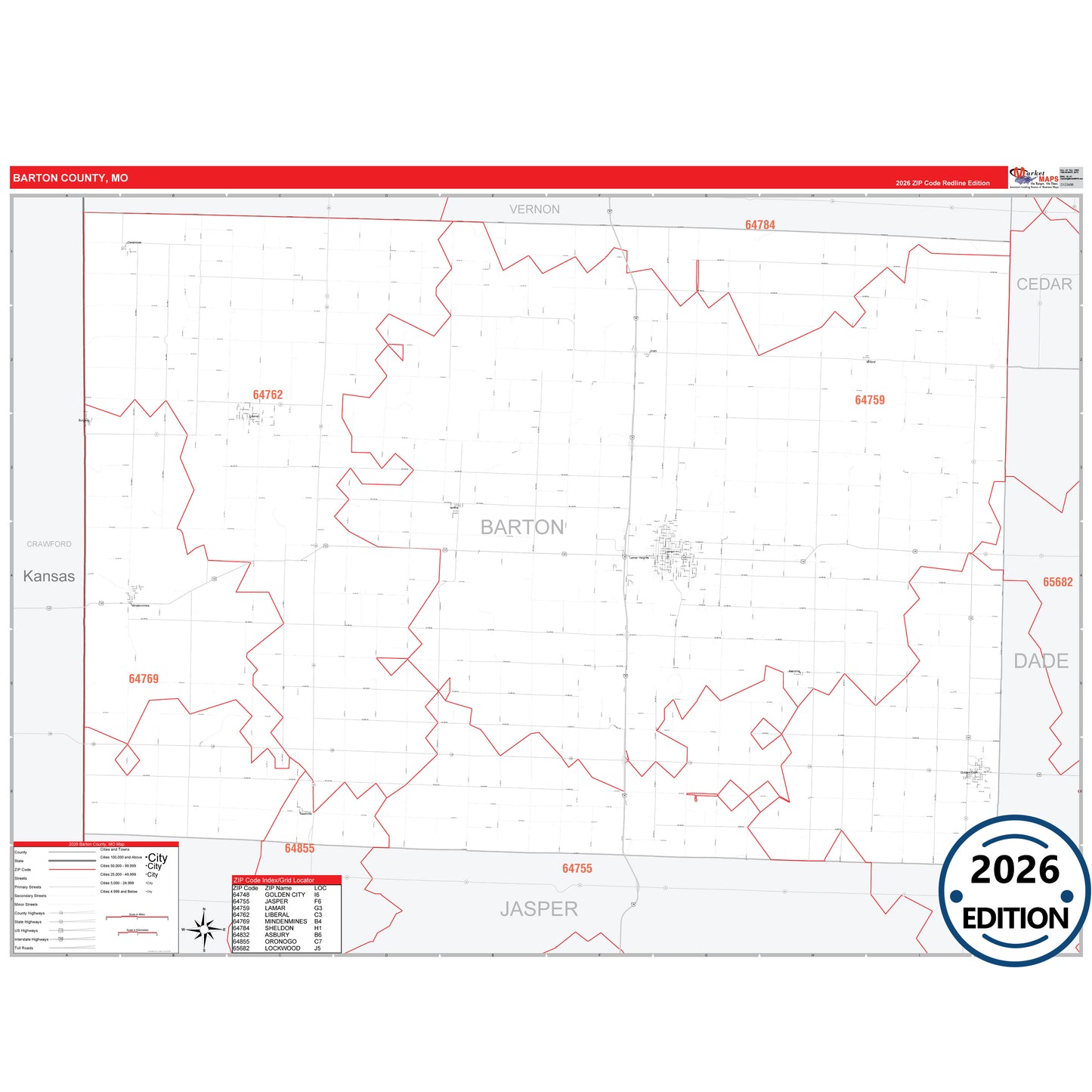 Barton County, MO Red Line 5 Digit ZIP Code Wall Map
