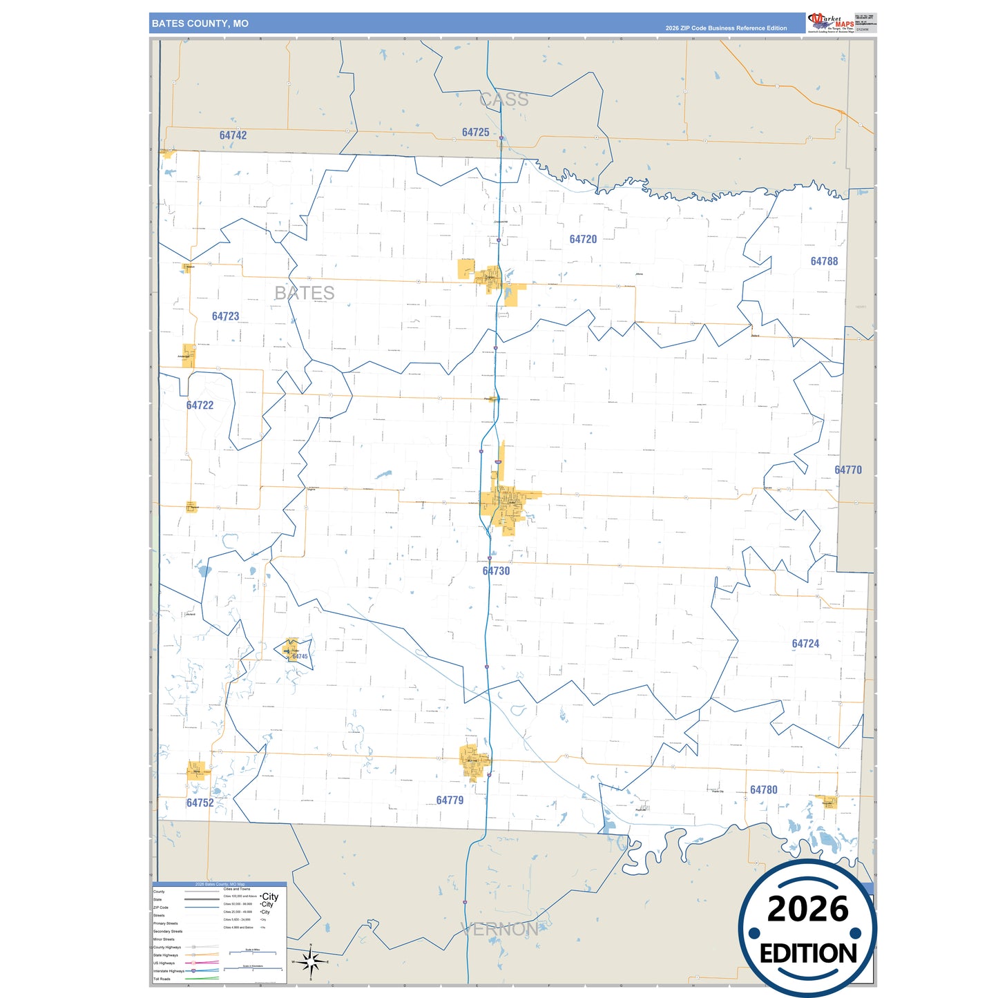 Bates County, MO Business Reference 5 Digit ZIP Code Wall Map