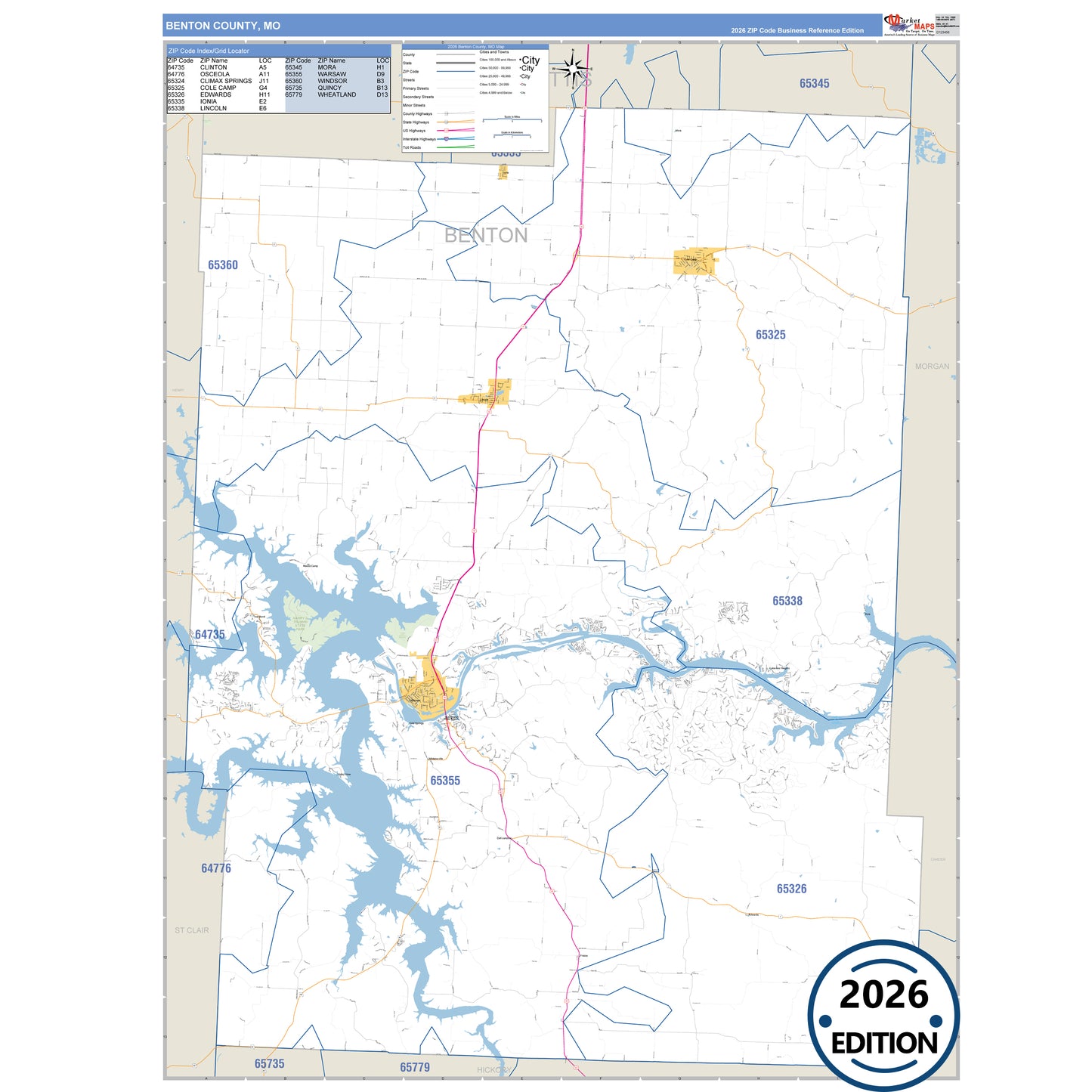 Benton County, MO Business Reference map with detailed roads, cities, and ZIP code boundaries.