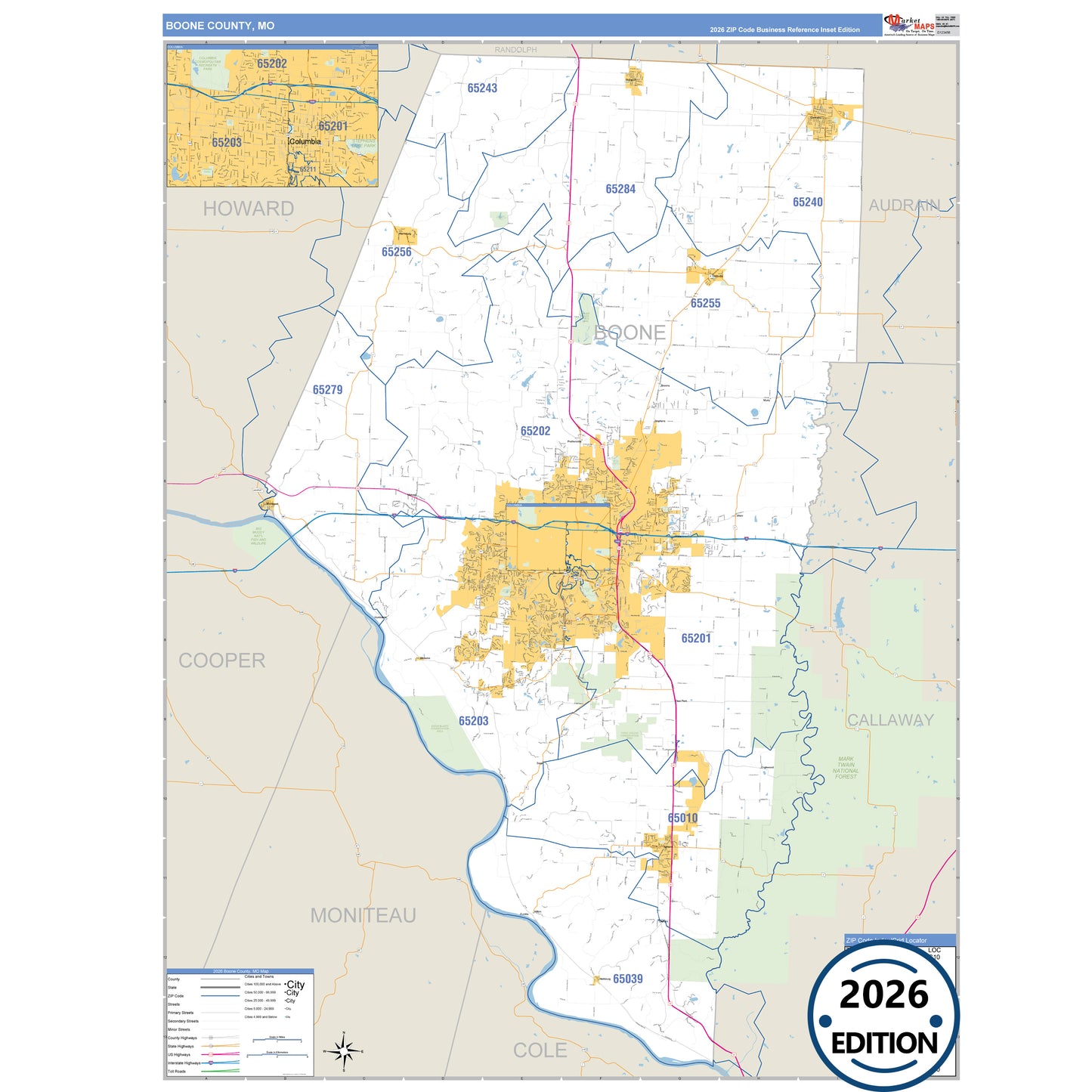 Boone County, MO Business Reference 5 Digit ZIP Code Wall Map