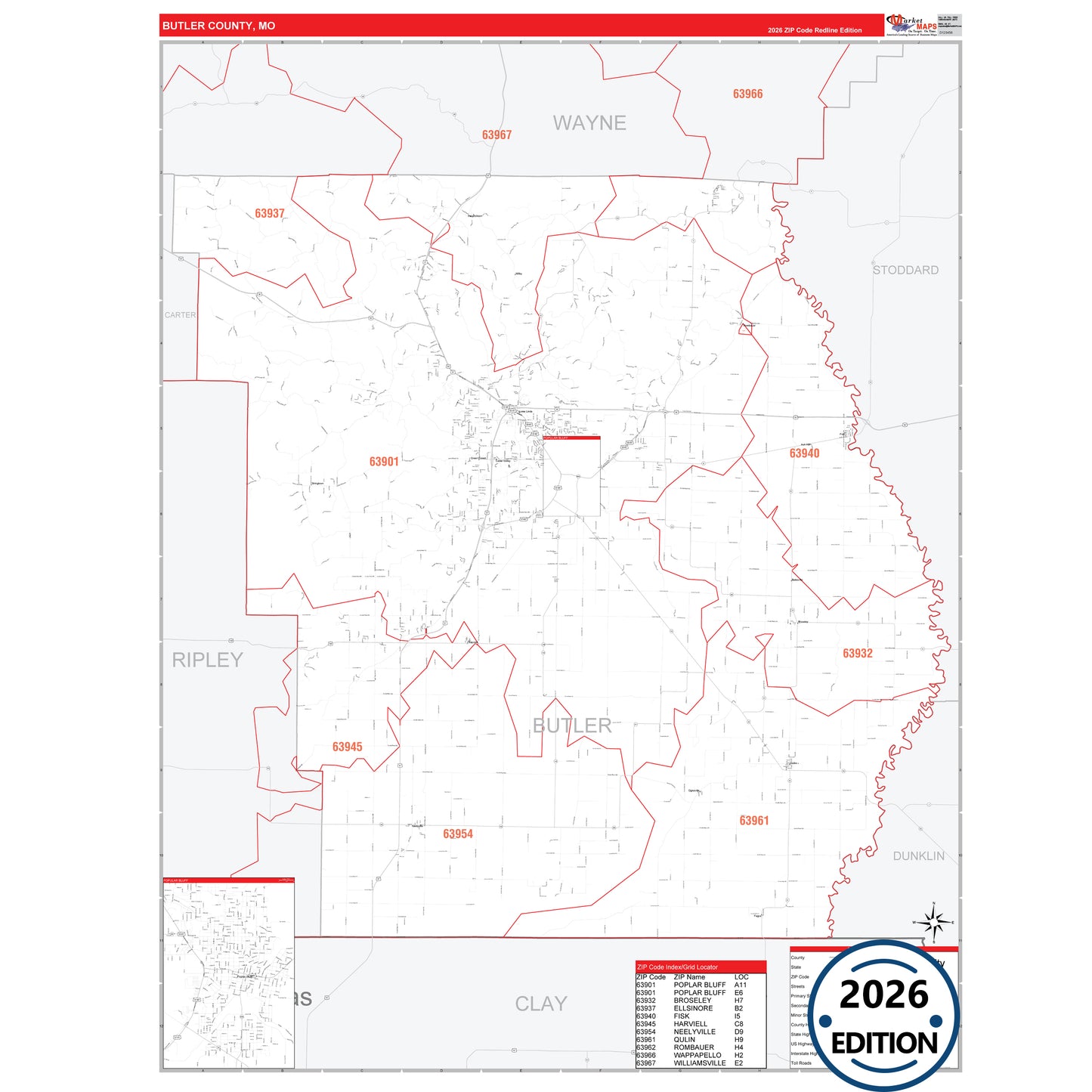 Butler County, MO Red Line 5 Digit ZIP Code Wall Map