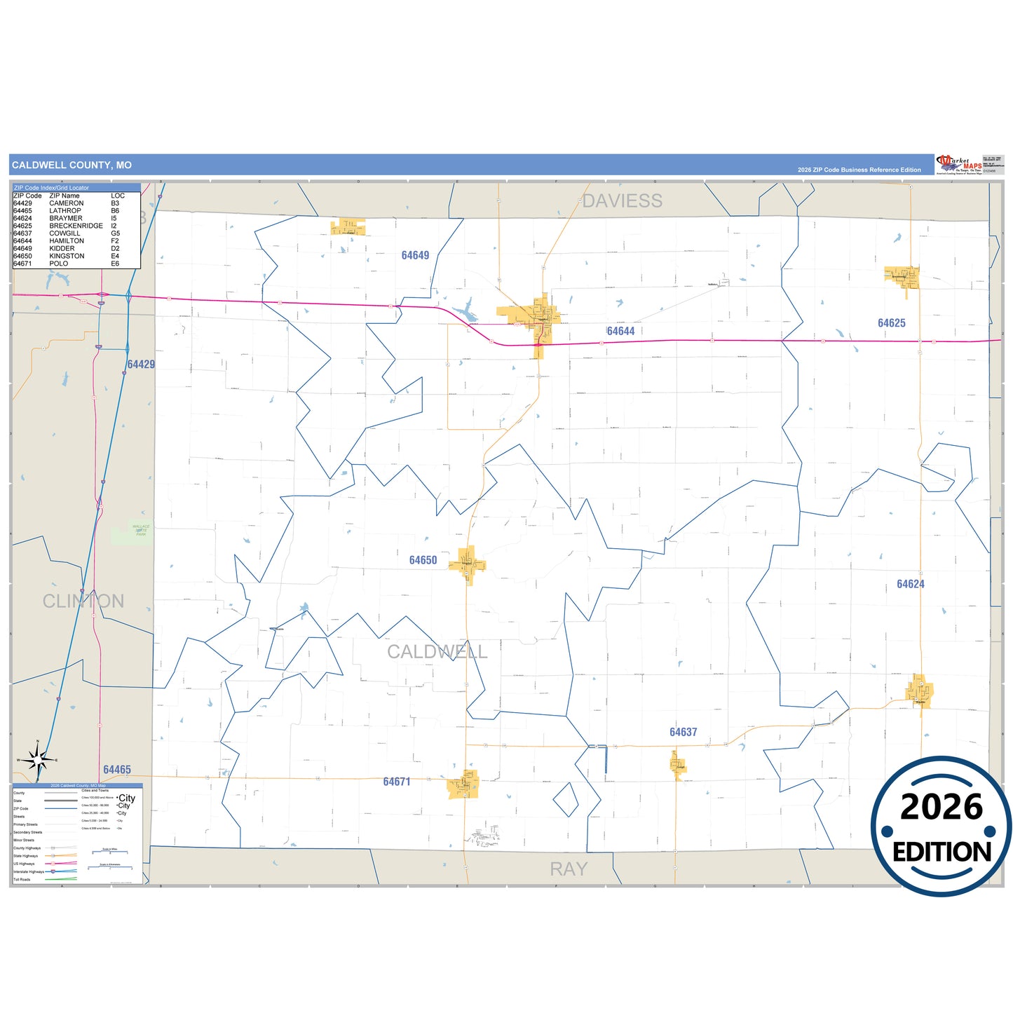 Caldwell County, MO Business Reference 5 Digit ZIP Code Wall Map