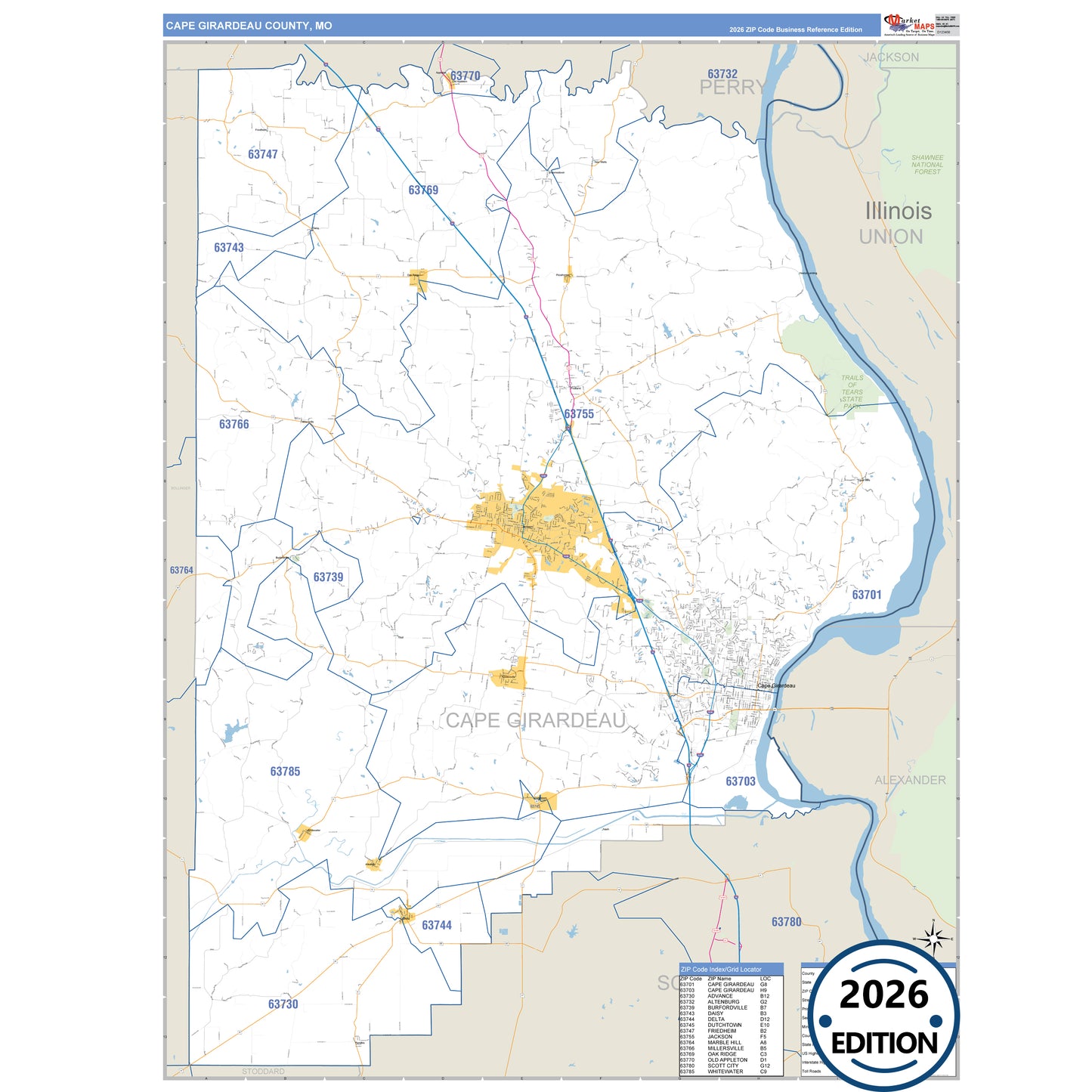 Cape Girardeau County, MO Business Reference 5 Digit ZIP Code Wall Map