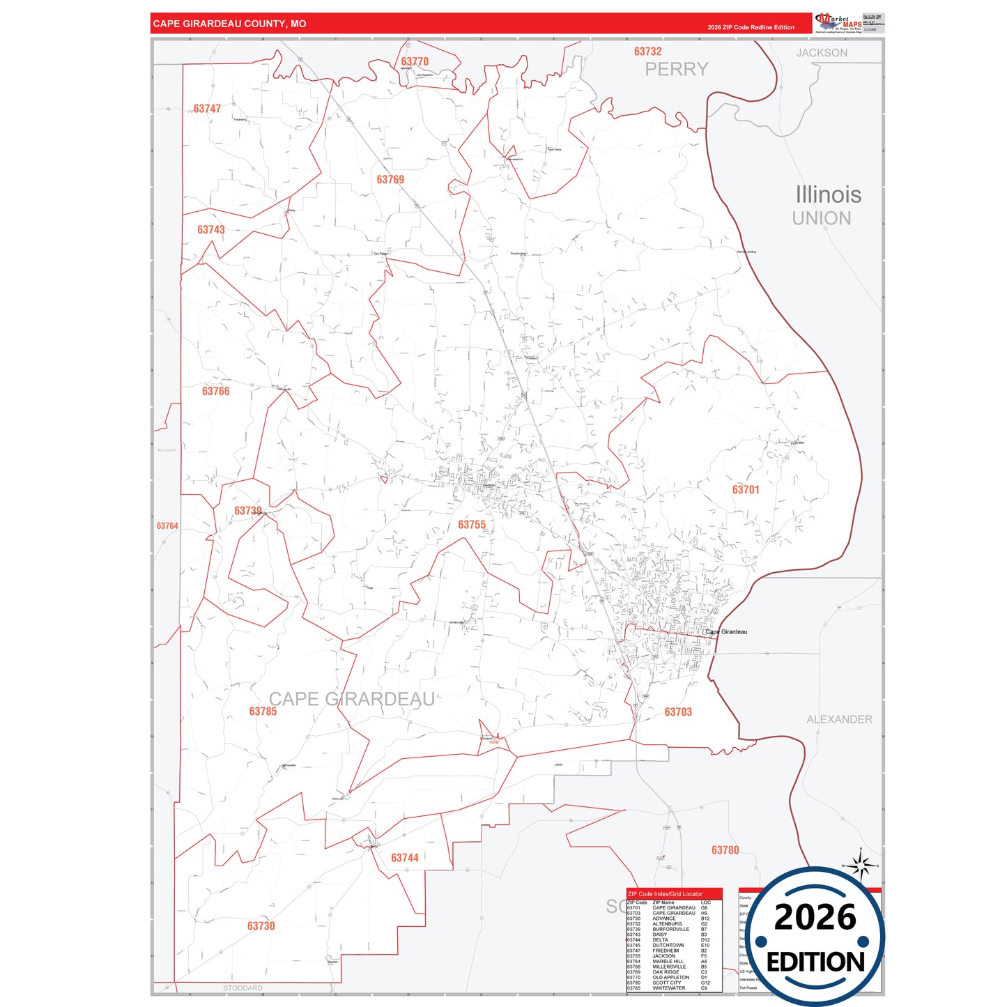 Cape Girardeau County, MO Red Line 5 Digit ZIP Code Wall Map