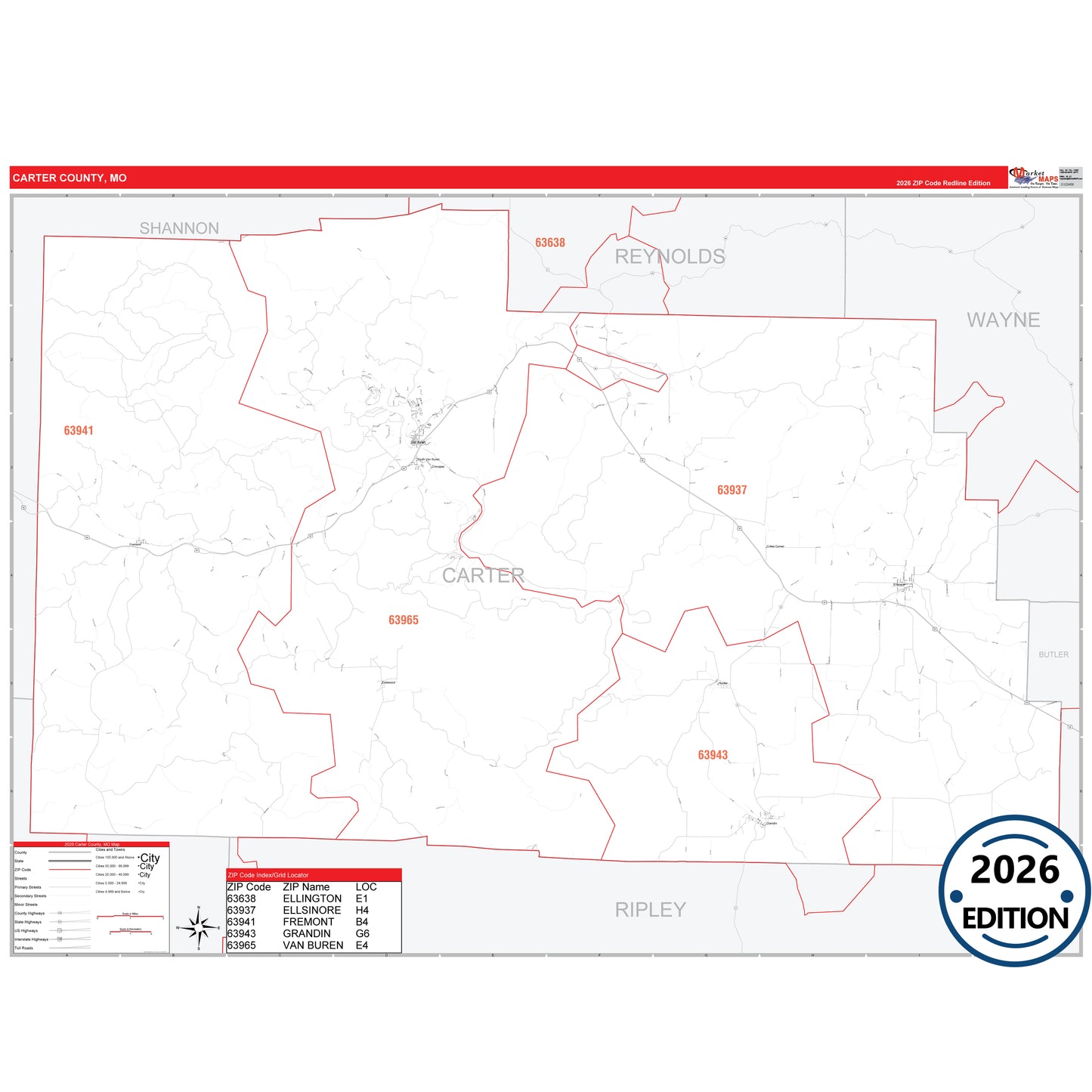 Carter County, MO Red Line 5 Digit ZIP Code Wall Map